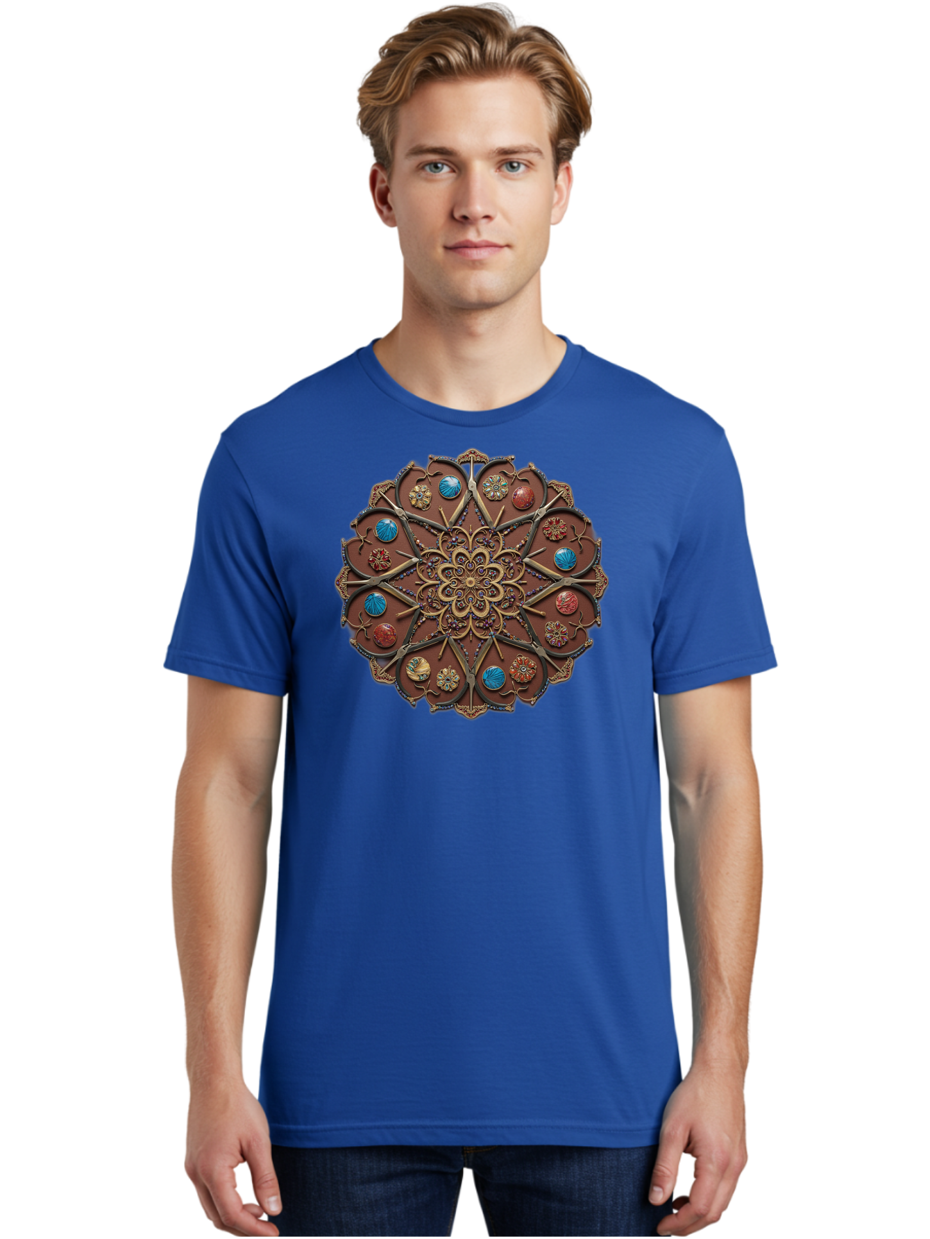Intricate-Design Men'S Graphic Tee, 100% Cotton, Comfortable Casual Summer Wear, Machine Washable, Mandala Artwork, Intricate Patterns, Ornate Details, Floral Motifs, Symmetry, Decorative Art, Cultural Heritage, Colorful Design, Detailed Work, Bad218