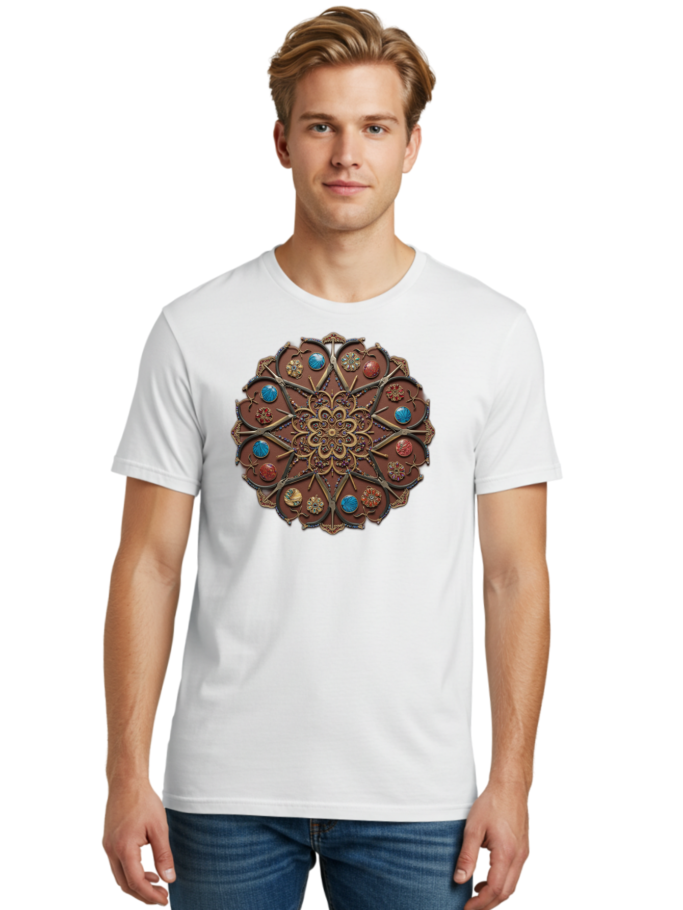 Intricate-Design Men'S Graphic Tee, 100% Cotton, Comfortable Casual Summer Wear, Machine Washable, Mandala Artwork, Intricate Patterns, Ornate Details, Floral Motifs, Symmetry, Decorative Art, Cultural Heritage, Colorful Design, Detailed Work, Bad218