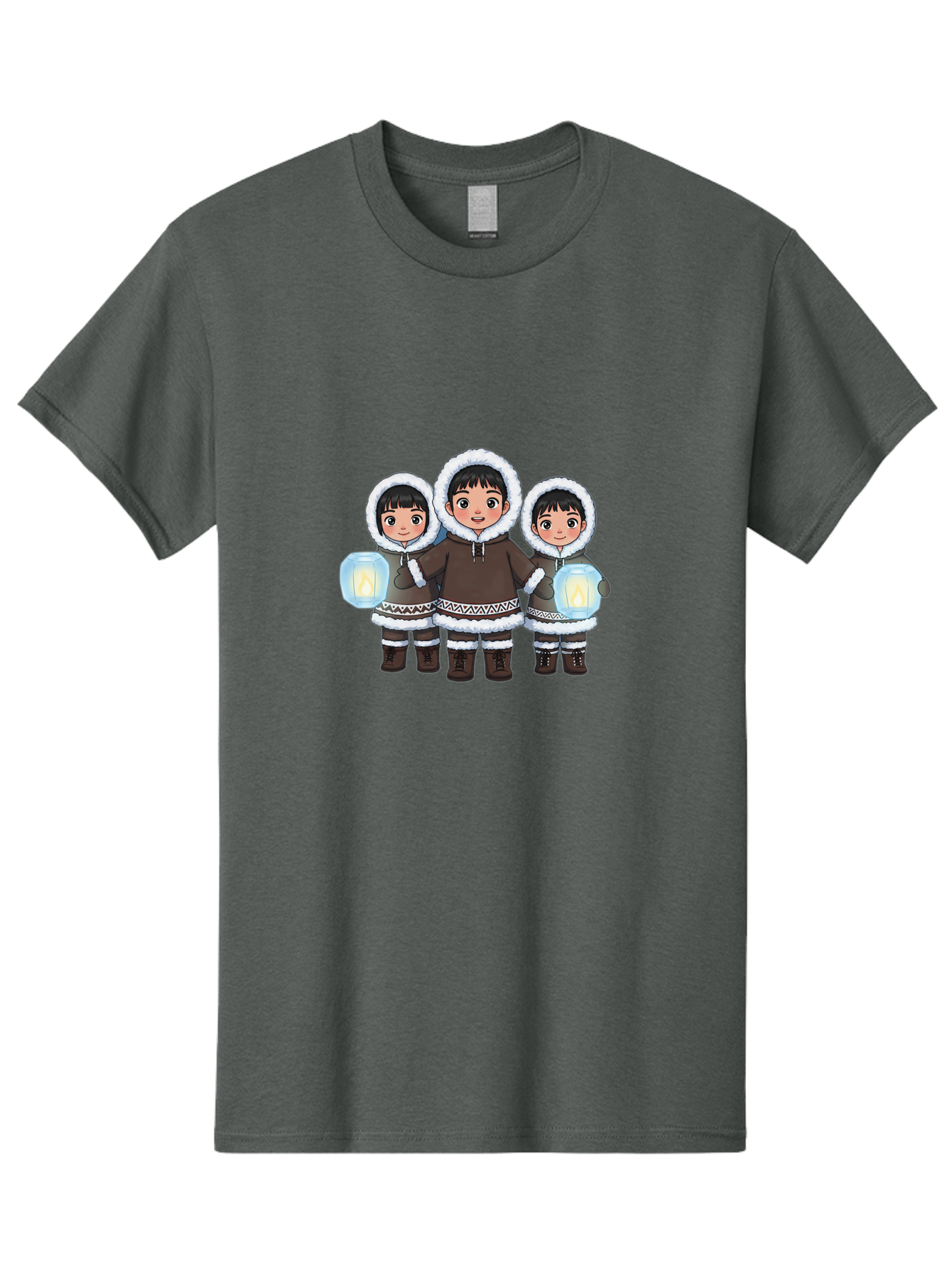 Inuit-Children-With-Lanterns Men'S Graphic Tee, 100% Cotton, Comfortable Casual Summer Wear, Machine Washable, Inuit Children, Traditional Clothing, Fur-Lined Hoods, Lanterns In Hands, Winter Attire, Arctic Culture, Indigenous People, Bad219
