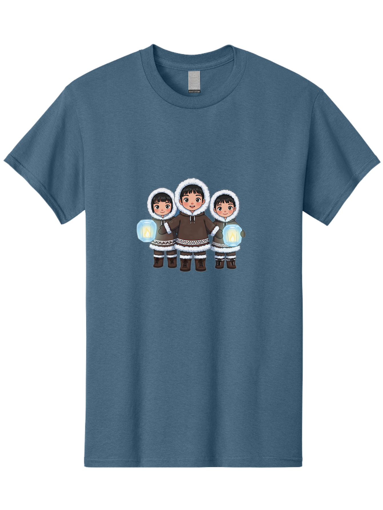 Inuit-Children-With-Lanterns Men'S Graphic Tee, 100% Cotton, Comfortable Casual Summer Wear, Machine Washable, Inuit Children, Traditional Clothing, Fur-Lined Hoods, Lanterns In Hands, Winter Attire, Arctic Culture, Indigenous People, Bad219