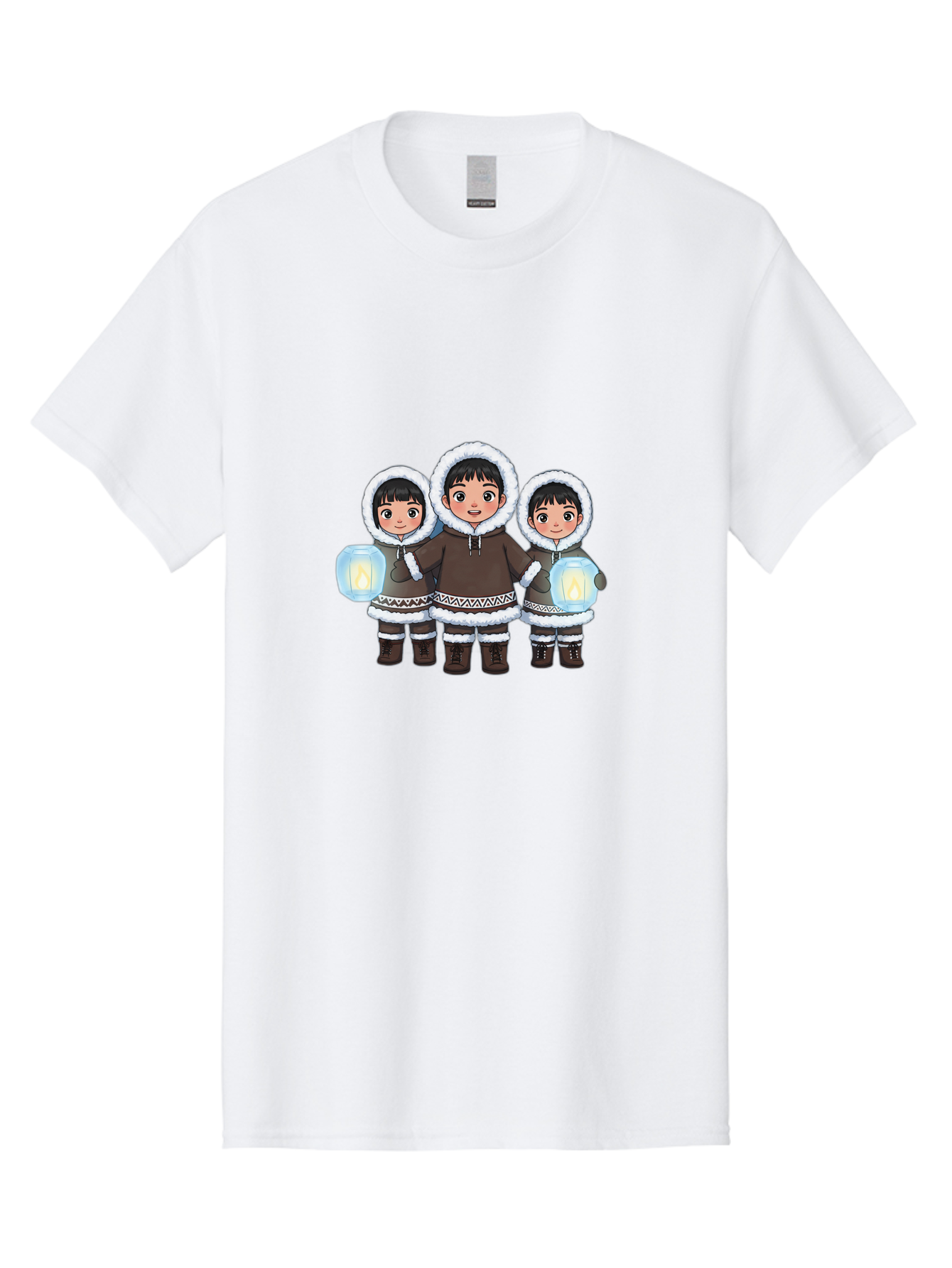 Inuit-Children-With-Lanterns Men'S Graphic Tee, 100% Cotton, Comfortable Casual Summer Wear, Machine Washable, Inuit Children, Traditional Clothing, Fur-Lined Hoods, Lanterns In Hands, Winter Attire, Arctic Culture, Indigenous People, Bad219