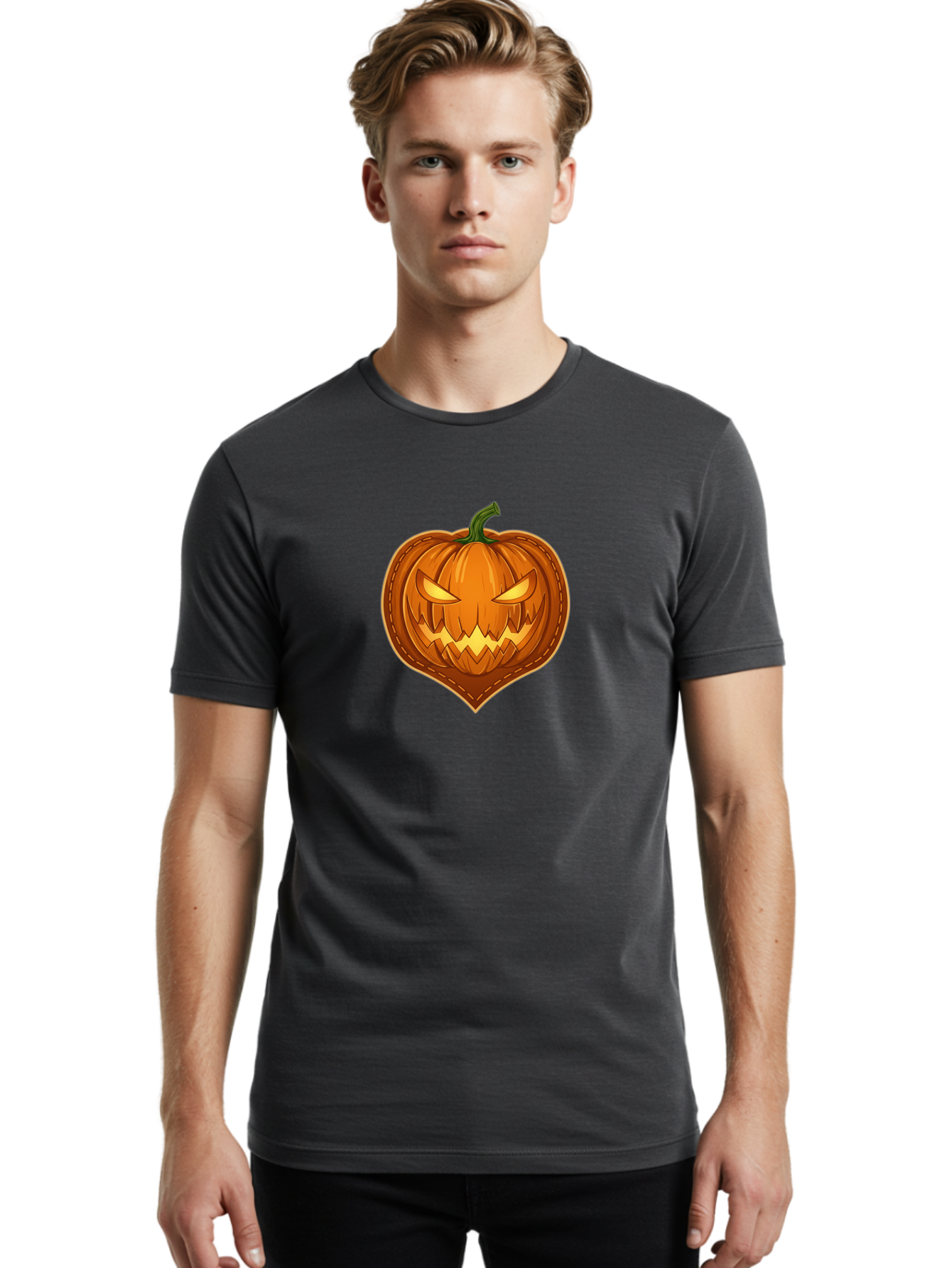 Jack-O-Lantern-1 Men'S Graphic Tee, 100% Cotton, Comfortable Casual Summer Wear, Machine Washable, Halloween Pumpkin, Jack O' Lantern, Spooky Face, Creepy Eyes, Stitched Pumpkin, Orange Pumpkin, Fall Decorations, Autumn Season, Cartoon Style, Bad221