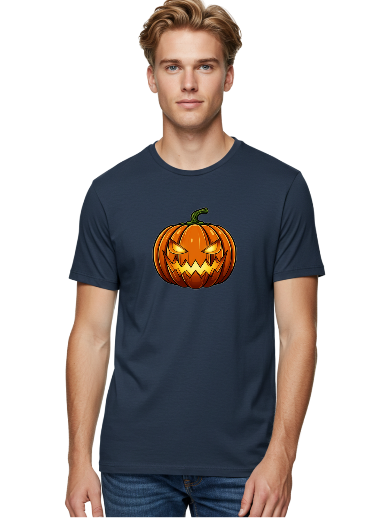 Jack-O-Lantern-2 Men'S Graphic Tee, 100% Cotton, Comfortable Casual Summer Wear, Machine Washable, Halloween Pumpkin, Jack O' Lantern, Spooky Face, Orange Pumpkin, Glowing Eyes, Scary Face, Autumn Decor, Festive Symbol, Seasonal Decoration Bad222