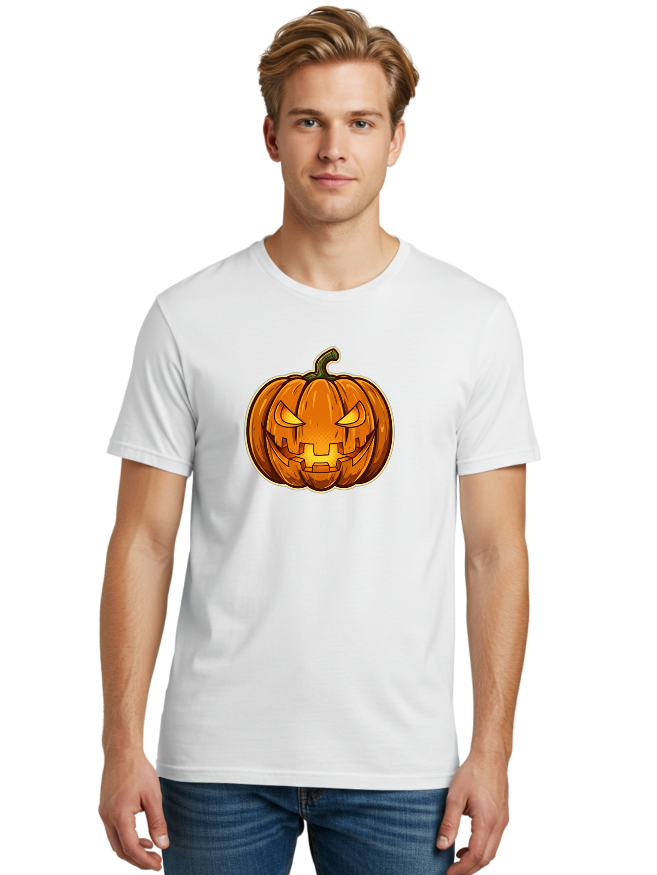 Jack-O-Lantern-4 Men'S Graphic Tee, 100% Cotton, Comfortable Casual Summer Wear, Machine Washable, Halloween Pumpkin, Jack O Lantern, Spooky Face, Orange Pumpkin, Cartoon Style, Autumn Decoration, Halloween Symbol, Seasonal Decor Bad224