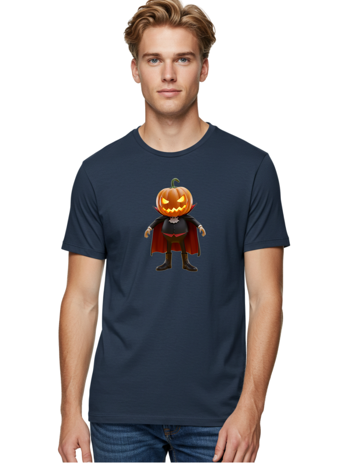 Jack-O-Lantern-Vampire Men'S Graphic Tee, 100% Cotton, Comfortable Casual Summer Wear, Machine Washable, Vampire Pumpkin, Jack-O-Lantern Head, Halloween Character, Spooky Figure, Red Cape, Black Suit, White Ruffle, Eerie Glow, Glowing Eyes, Bad228