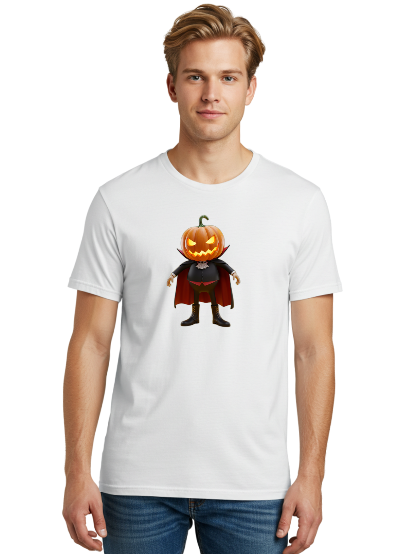 Jack-O-Lantern-Vampire Men'S Graphic Tee, 100% Cotton, Comfortable Casual Summer Wear, Machine Washable, Vampire Pumpkin, Jack-O-Lantern Head, Halloween Character, Spooky Figure, Red Cape, Black Suit, White Ruffle, Eerie Glow, Glowing Eyes, Bad228