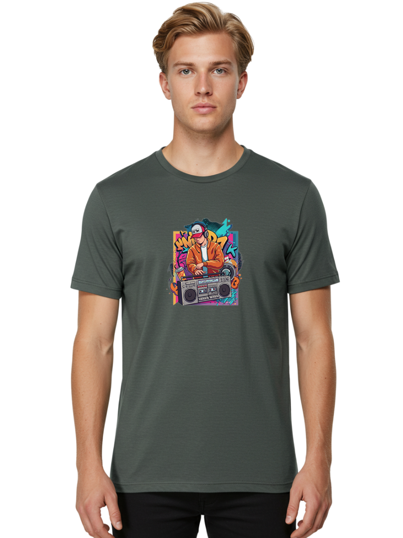 Junk-D-K Men'S Graphic Tee, 100% Cotton, Comfortable Casual Summer Wear, Machine Washable, Dj Spinning Tracks, Retro Boombox, Graffiti Art, Street Culture, Hip Hop Vibes, Urban Music, Vintage Style, Cool Headphones Bad234