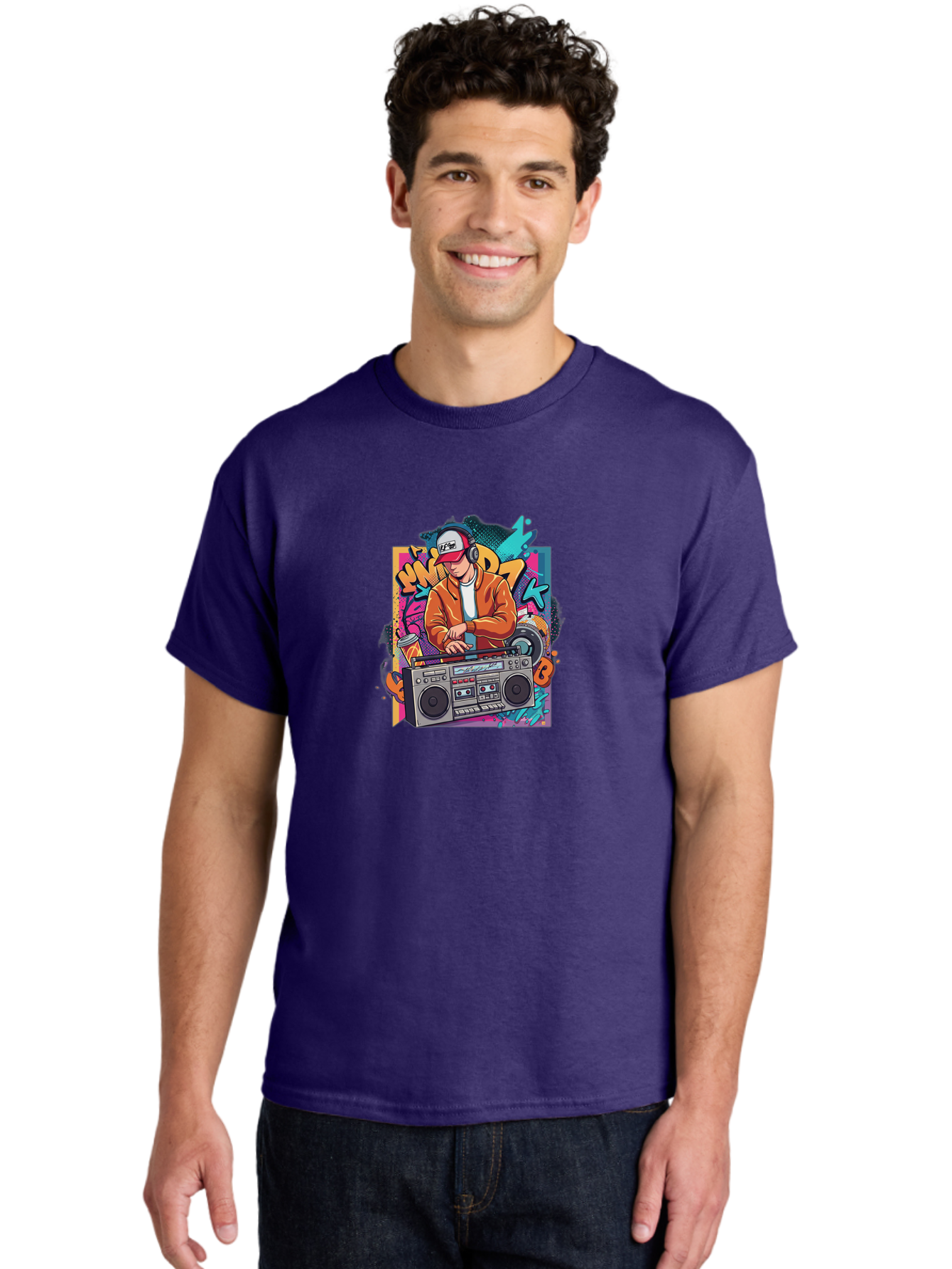Junk-D-K Men'S Graphic Tee, 100% Cotton, Comfortable Casual Summer Wear, Machine Washable, Dj Spinning Tracks, Retro Boombox, Graffiti Art, Street Culture, Hip Hop Vibes, Urban Music, Vintage Style, Cool Headphones Bad234
