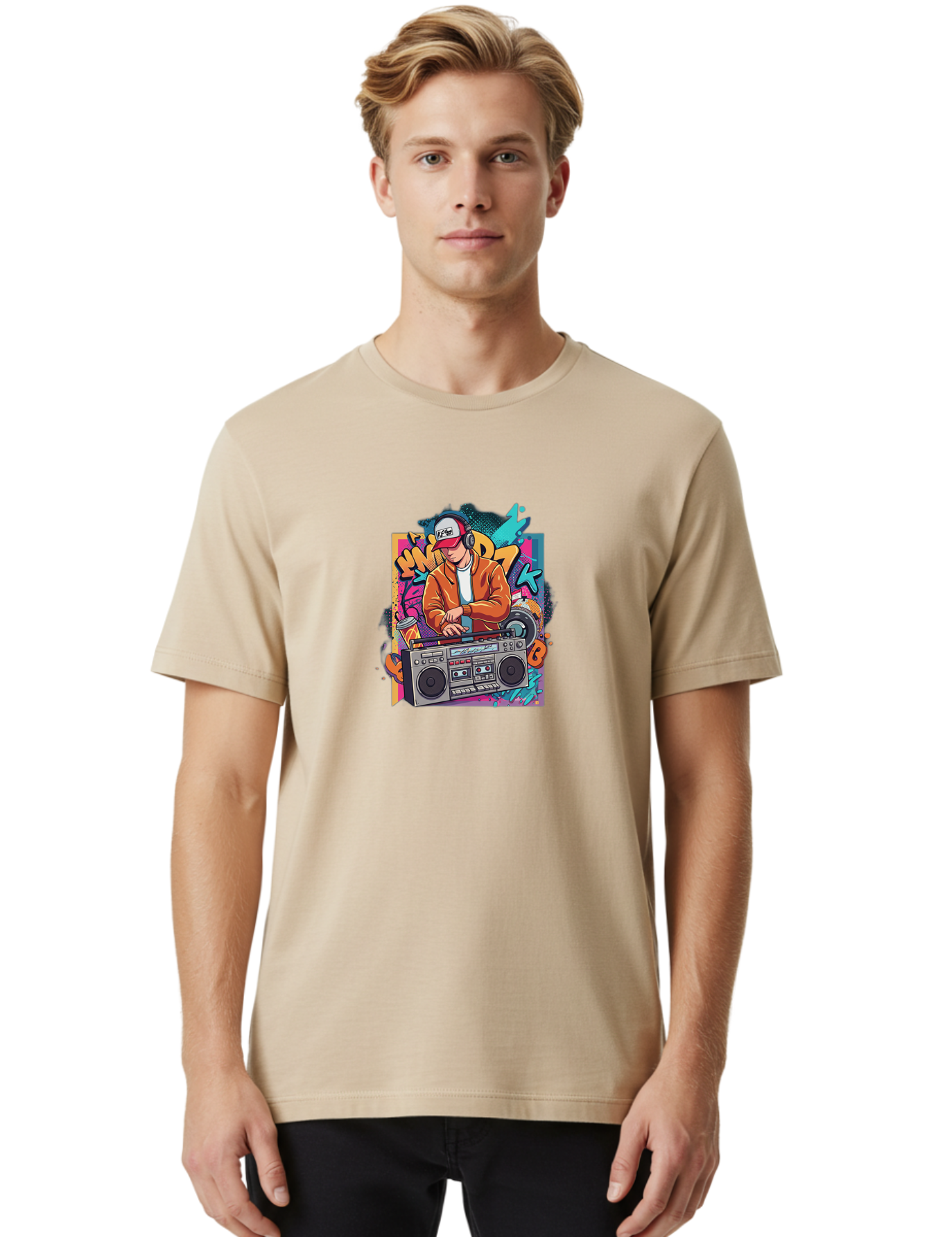Junk-D-K Men'S Graphic Tee, 100% Cotton, Comfortable Casual Summer Wear, Machine Washable, Dj Spinning Tracks, Retro Boombox, Graffiti Art, Street Culture, Hip Hop Vibes, Urban Music, Vintage Style, Cool Headphones Bad234