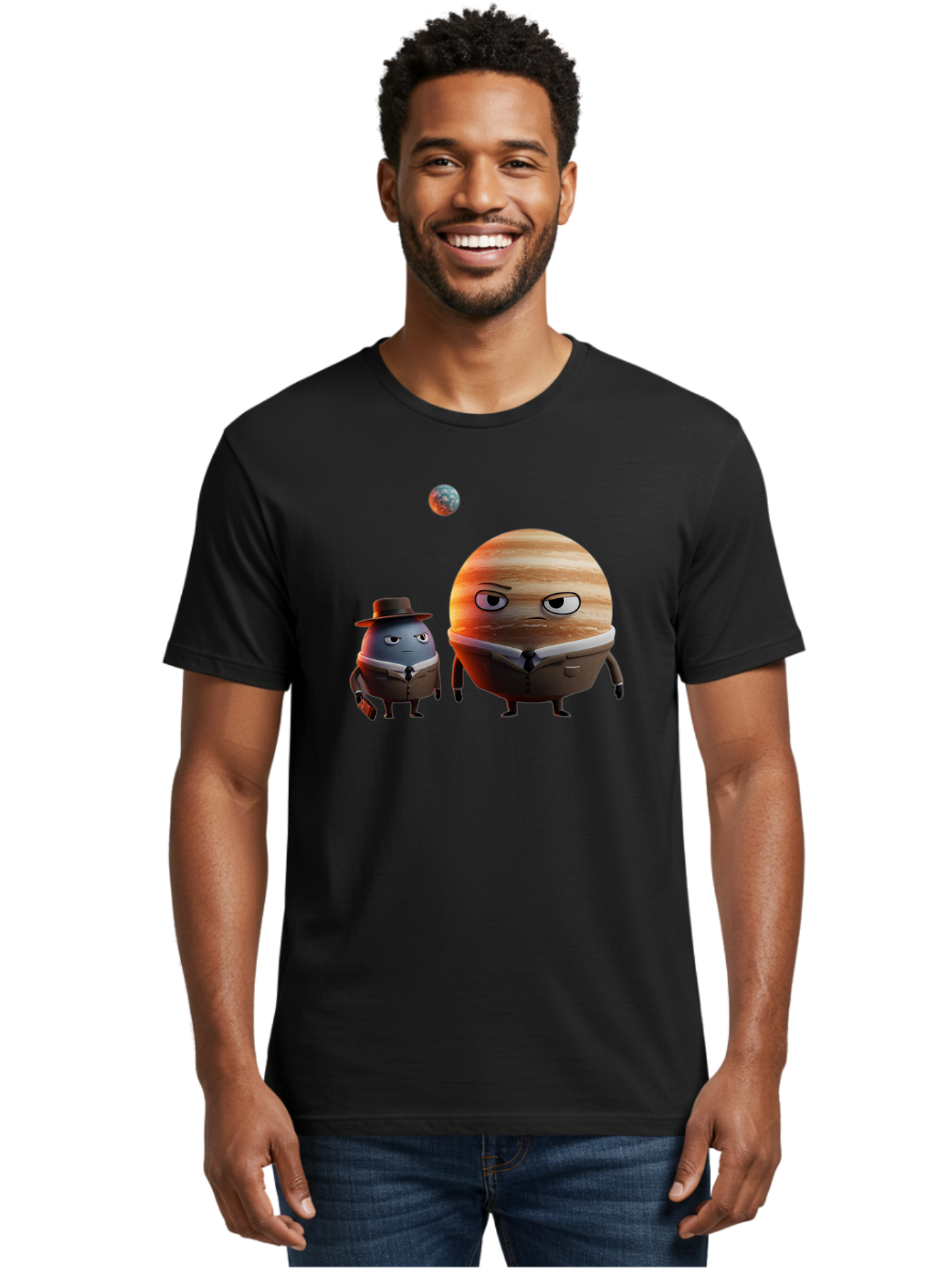 Jupiter-And-Earth Men'S Graphic Tee, 100% Cotton, Comfortable Casual Summer Wear, Machine Washable, Cartoon Planets, Jupiter And Mercury, Anthropomorphic Characters, Detective Character, Jupiter With Angry Face, Mercury With Detective Hat, Bad237