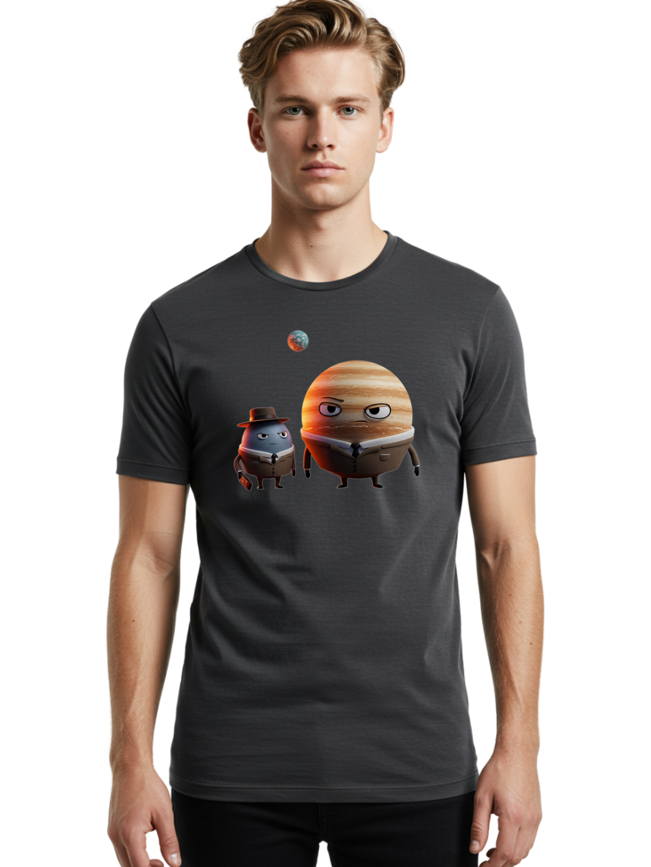 Jupiter-And-Earth Men'S Graphic Tee, 100% Cotton, Comfortable Casual Summer Wear, Machine Washable, Cartoon Planets, Jupiter And Mercury, Anthropomorphic Characters, Detective Character, Jupiter With Angry Face, Mercury With Detective Hat, Bad237