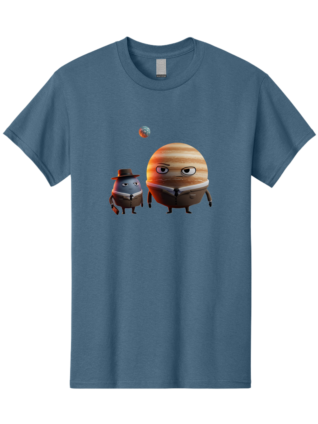 Jupiter-And-Earth Men'S Graphic Tee, 100% Cotton, Comfortable Casual Summer Wear, Machine Washable, Cartoon Planets, Jupiter And Mercury, Anthropomorphic Characters, Detective Character, Jupiter With Angry Face, Mercury With Detective Hat, Bad237
