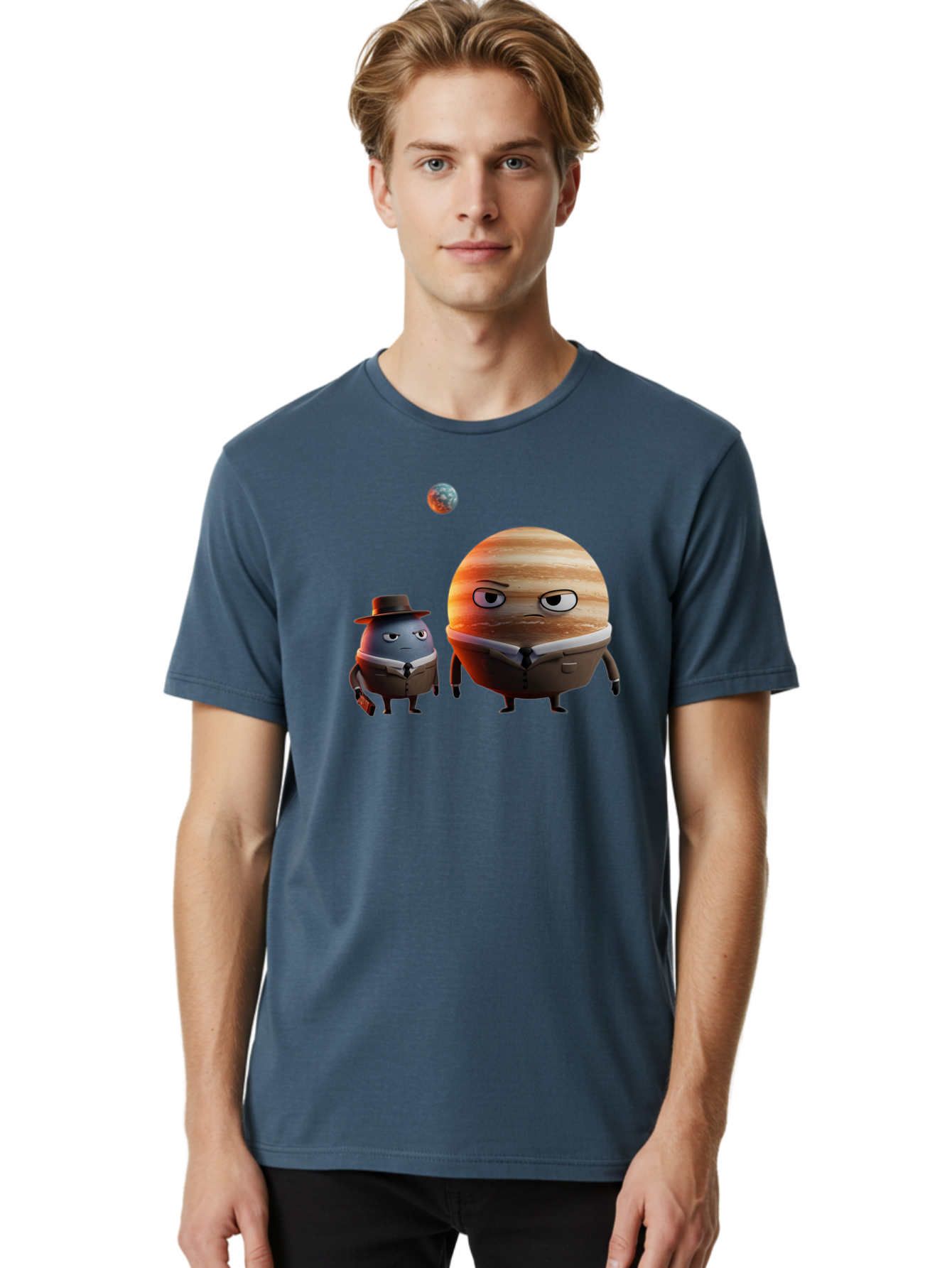 Jupiter-And-Earth Men'S Graphic Tee, 100% Cotton, Comfortable Casual Summer Wear, Machine Washable, Cartoon Planets, Jupiter And Mercury, Anthropomorphic Characters, Detective Character, Jupiter With Angry Face, Mercury With Detective Hat, Bad237