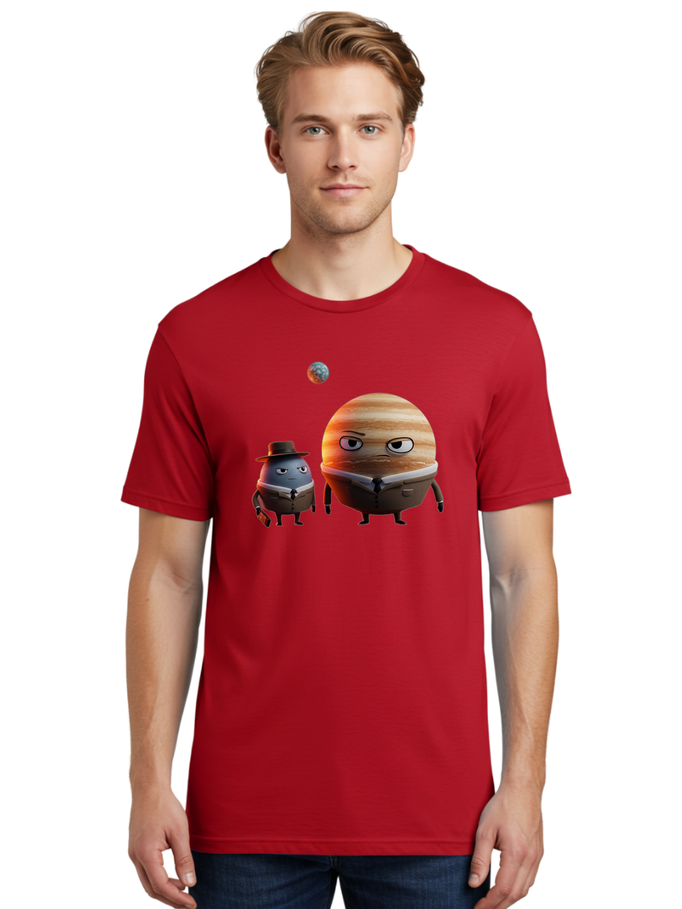 Jupiter-And-Earth Men'S Graphic Tee, 100% Cotton, Comfortable Casual Summer Wear, Machine Washable, Cartoon Planets, Jupiter And Mercury, Anthropomorphic Characters, Detective Character, Jupiter With Angry Face, Mercury With Detective Hat, Bad237
