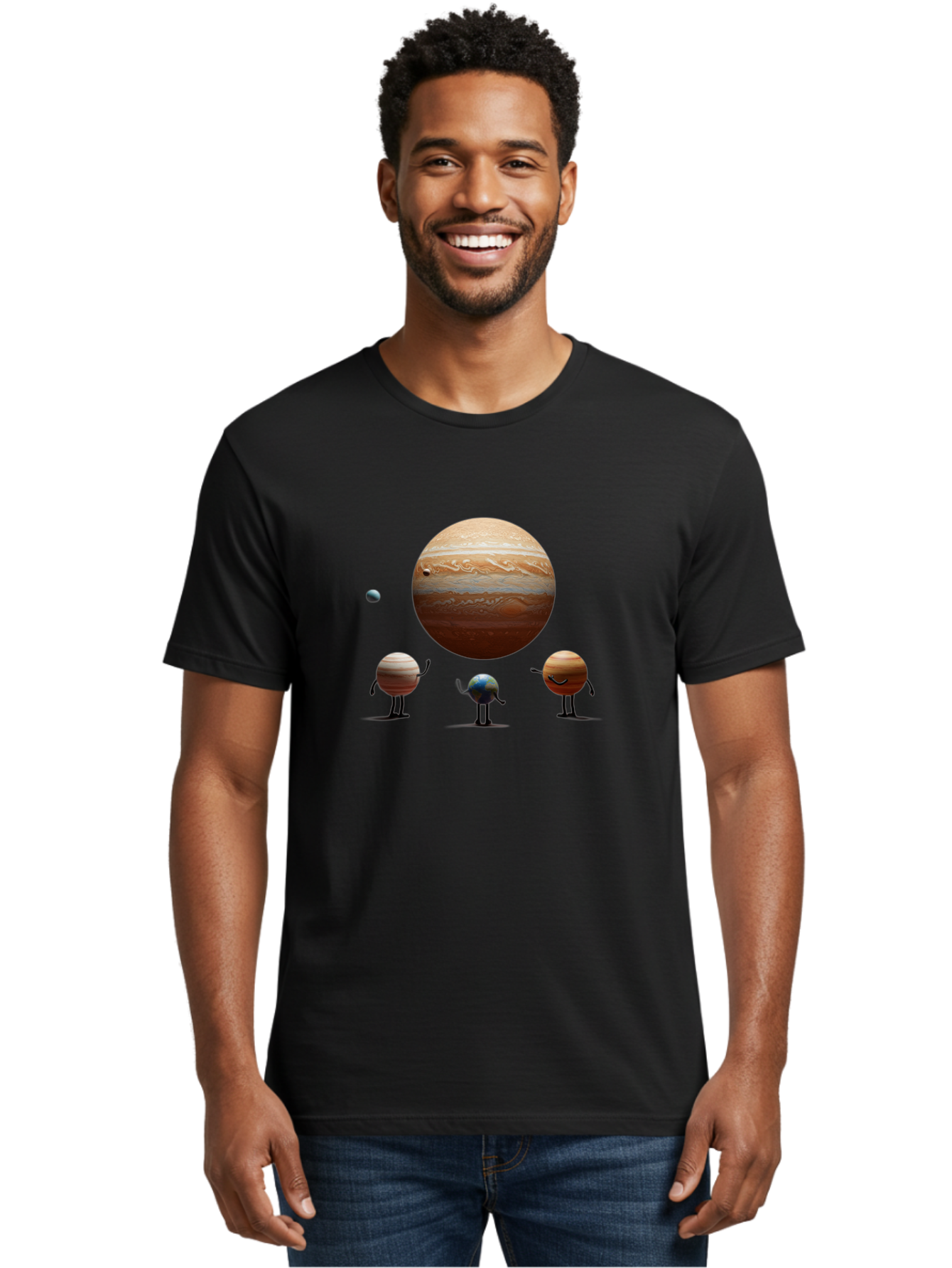 Jupiter-And-Moons Men'S Graphic Tee, 100% Cotton, Comfortable Casual Summer Wear, Machine Washable, Jupiter Planet, Cartoon Moons, Solar System, Astronomy, Space Exploration, Planetary Bodies, Celestial Objects, Orbital Patterns Bad238