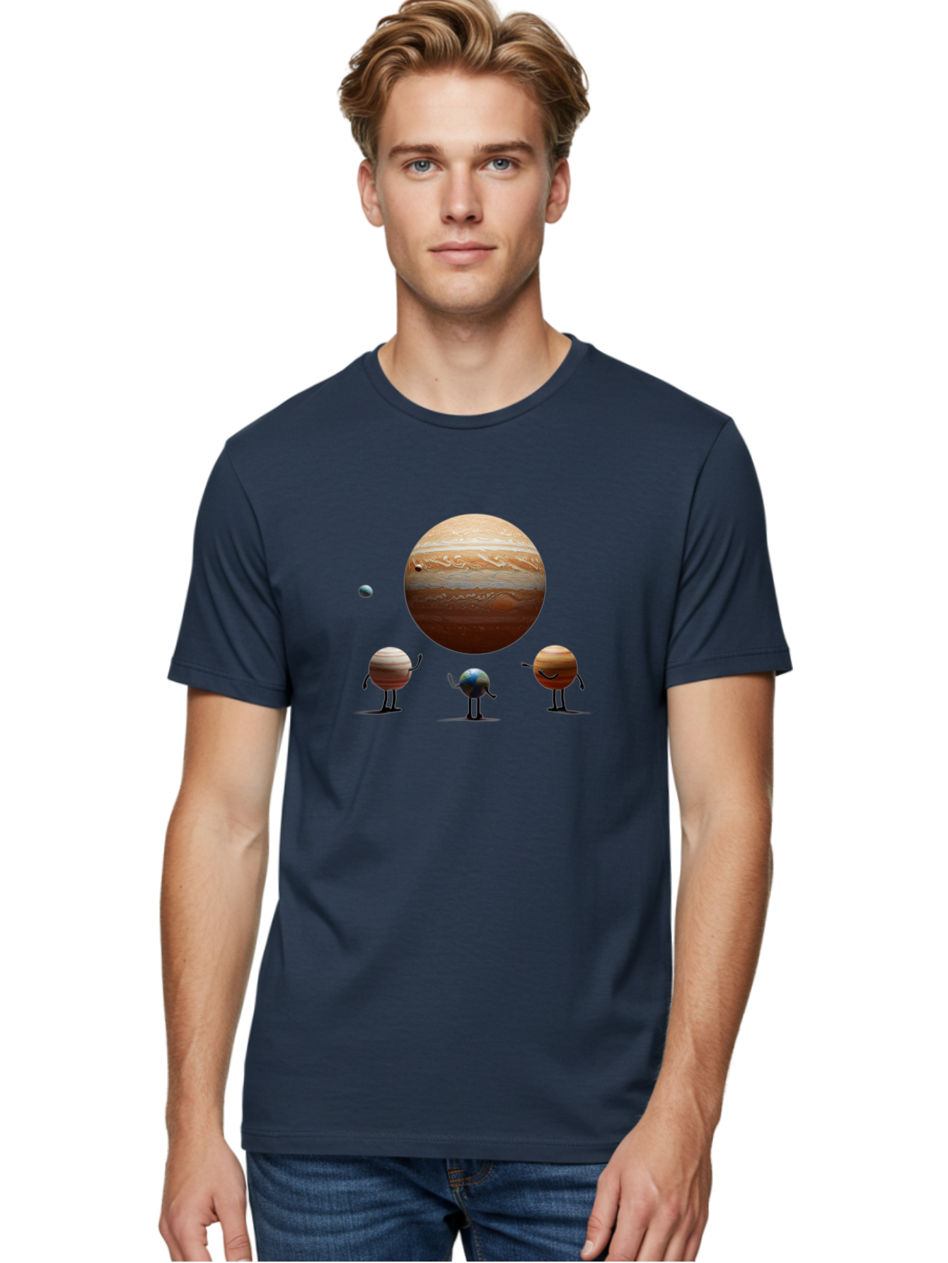 Jupiter-And-Moons Men'S Graphic Tee, 100% Cotton, Comfortable Casual Summer Wear, Machine Washable, Jupiter Planet, Cartoon Moons, Solar System, Astronomy, Space Exploration, Planetary Bodies, Celestial Objects, Orbital Patterns Bad238