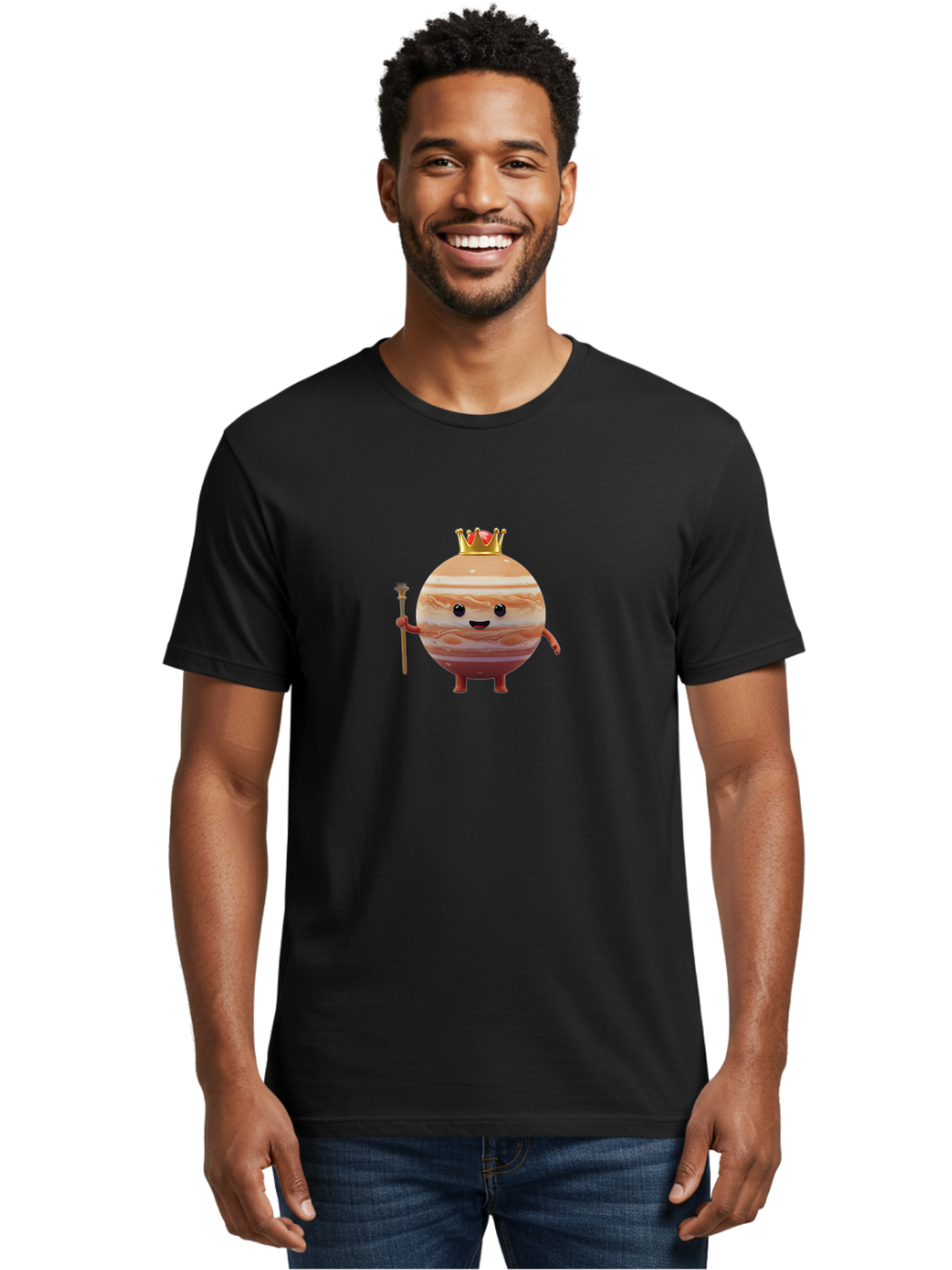 Jupiter-Mascot Men'S Graphic Tee, 100% Cotton, Comfortable Casual Summer Wear, Machine Washable, Cartoon Jupiter Planet, Anthropomorphic Planet, Jupiter Mascot, Cartoon Character, Planetary Illustration, Jupiter With Crown, Bad240