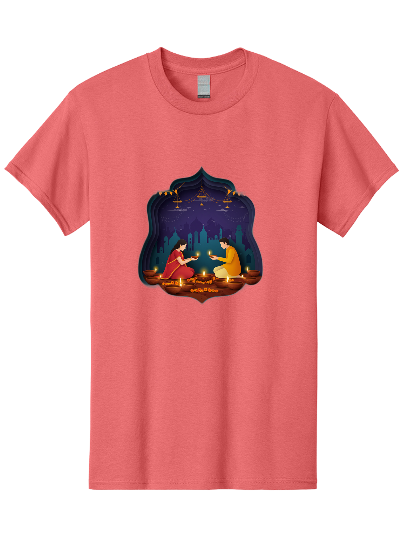 Kali-Puja Men'S Graphic Tee, 100% Cotton, Comfortable Casual Summer Wear, Machine Washable, Couple Lighting Diyas, Diwali Celebration, Festive Atmosphere, Traditional Indian Clothing, Lit Candles, Vibrant Colors, Cultural Heritage, Bad242