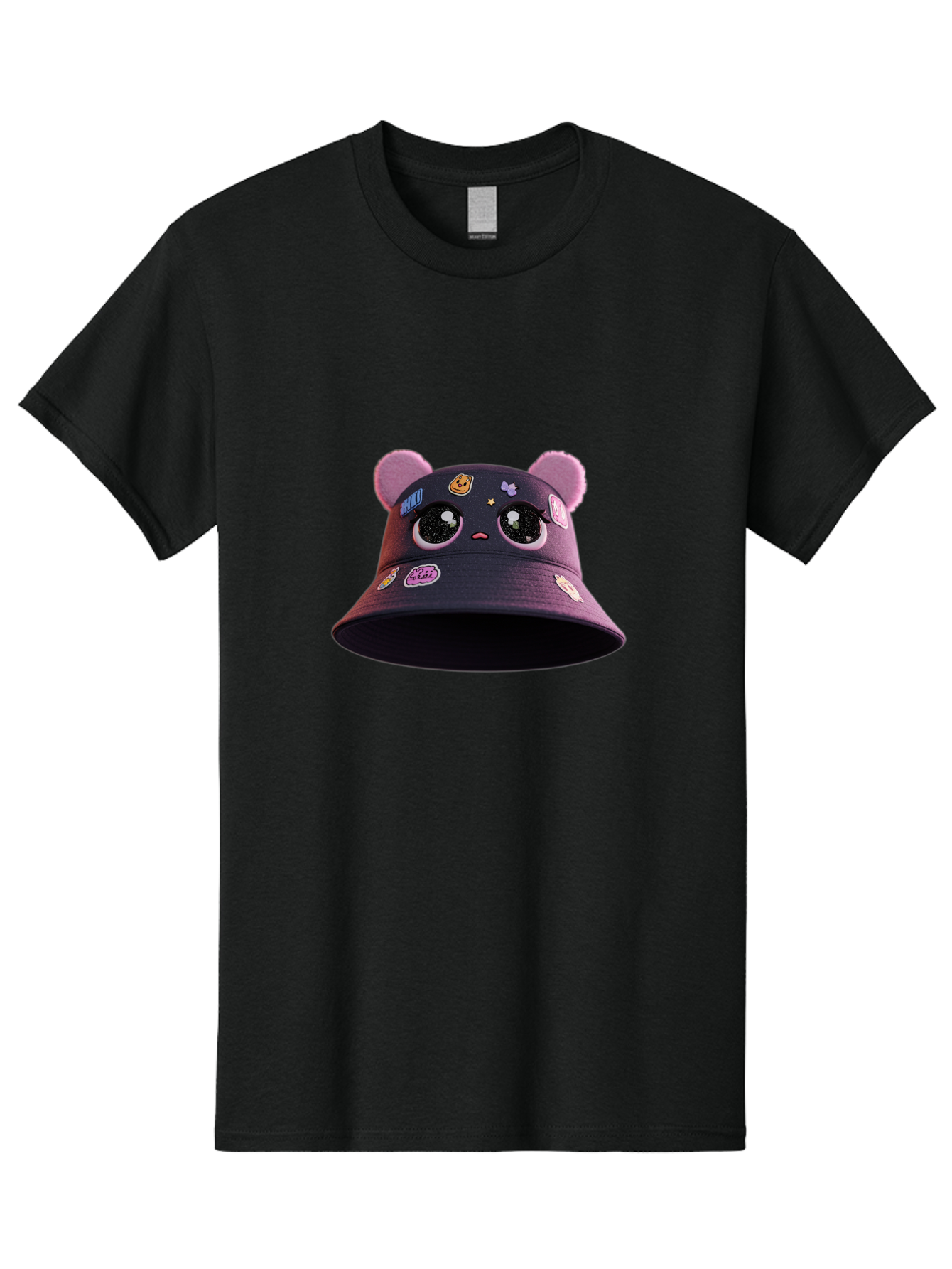 Kawaii-Bucket-Hat Men'S Graphic Tee, 100% Cotton, Comfortable Casual Summer Wear, Machine Washable, Purple Bucket Hat, Kawaii Fashion, Cute Cartoon Eyes, Colorful Stickers, Anime Style, Streetwear Accessories, Trendy Clothing Bad243