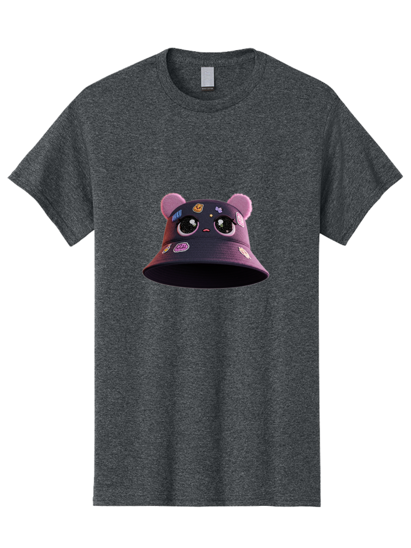 Kawaii-Bucket-Hat Men'S Graphic Tee, 100% Cotton, Comfortable Casual Summer Wear, Machine Washable, Purple Bucket Hat, Kawaii Fashion, Cute Cartoon Eyes, Colorful Stickers, Anime Style, Streetwear Accessories, Trendy Clothing Bad243