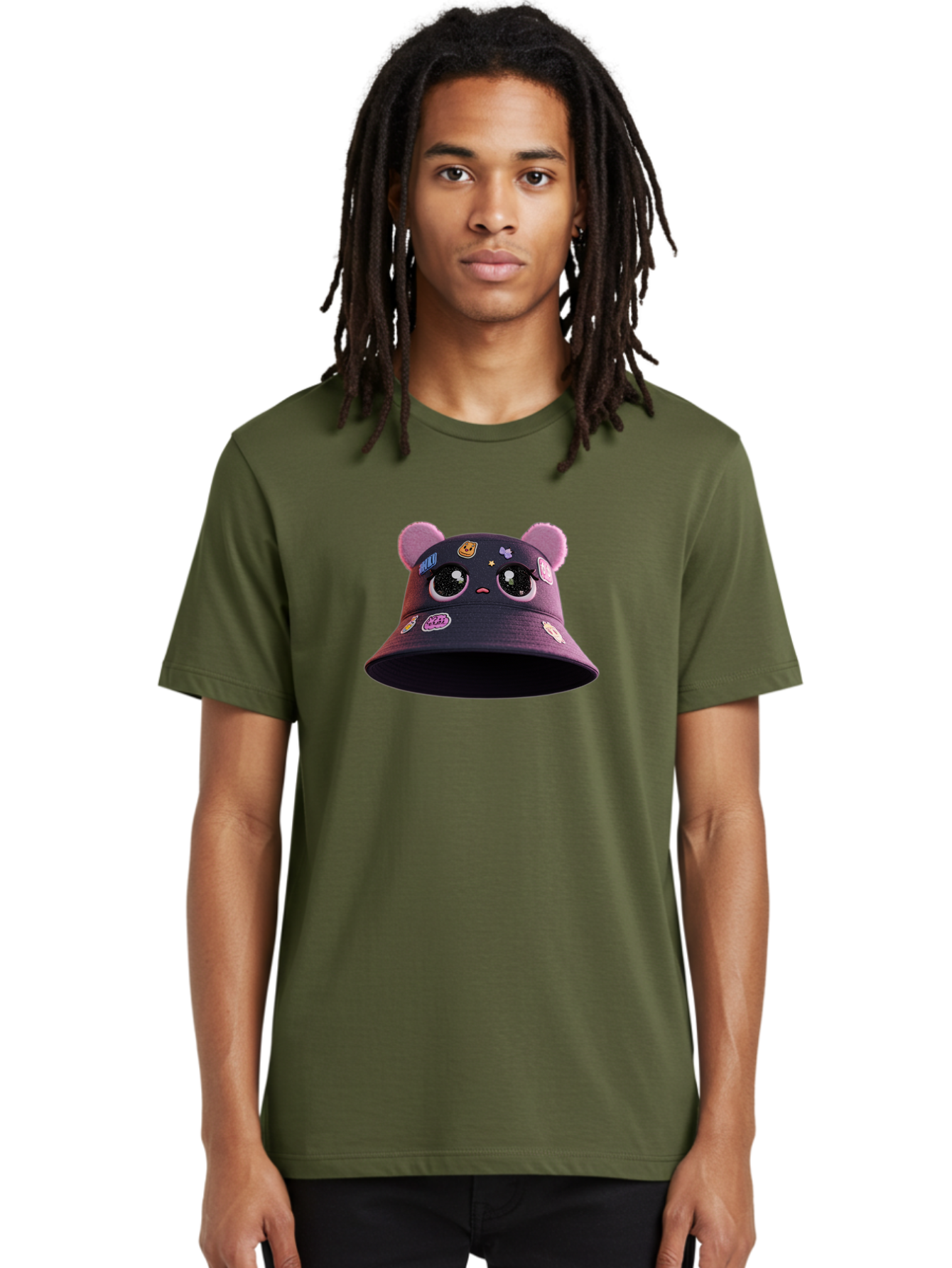 Kawaii-Bucket-Hat Men'S Graphic Tee, 100% Cotton, Comfortable Casual Summer Wear, Machine Washable, Purple Bucket Hat, Kawaii Fashion, Cute Cartoon Eyes, Colorful Stickers, Anime Style, Streetwear Accessories, Trendy Clothing Bad243