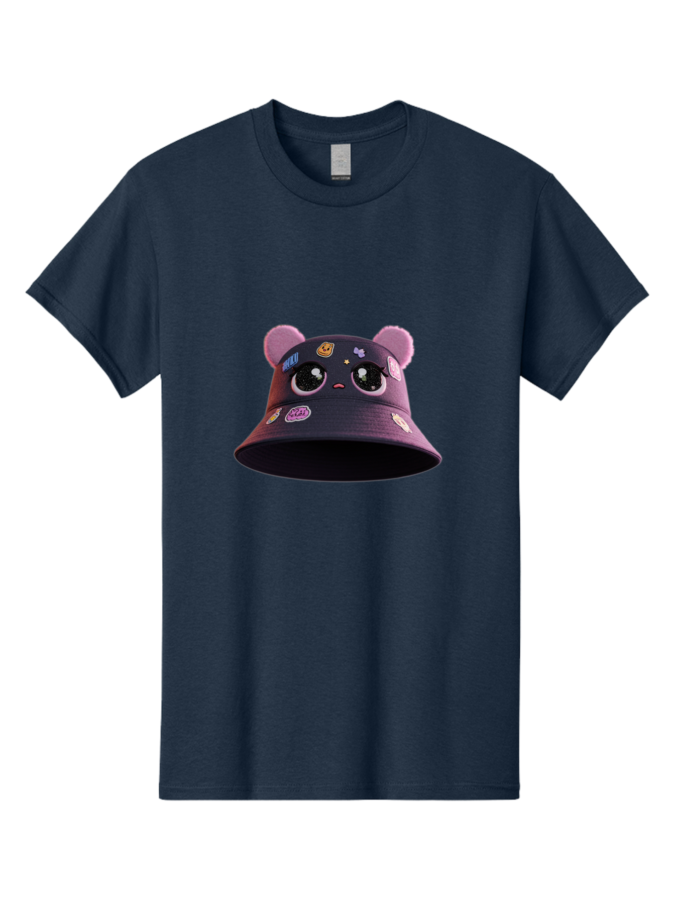 Kawaii-Bucket-Hat Men'S Graphic Tee, 100% Cotton, Comfortable Casual Summer Wear, Machine Washable, Purple Bucket Hat, Kawaii Fashion, Cute Cartoon Eyes, Colorful Stickers, Anime Style, Streetwear Accessories, Trendy Clothing Bad243