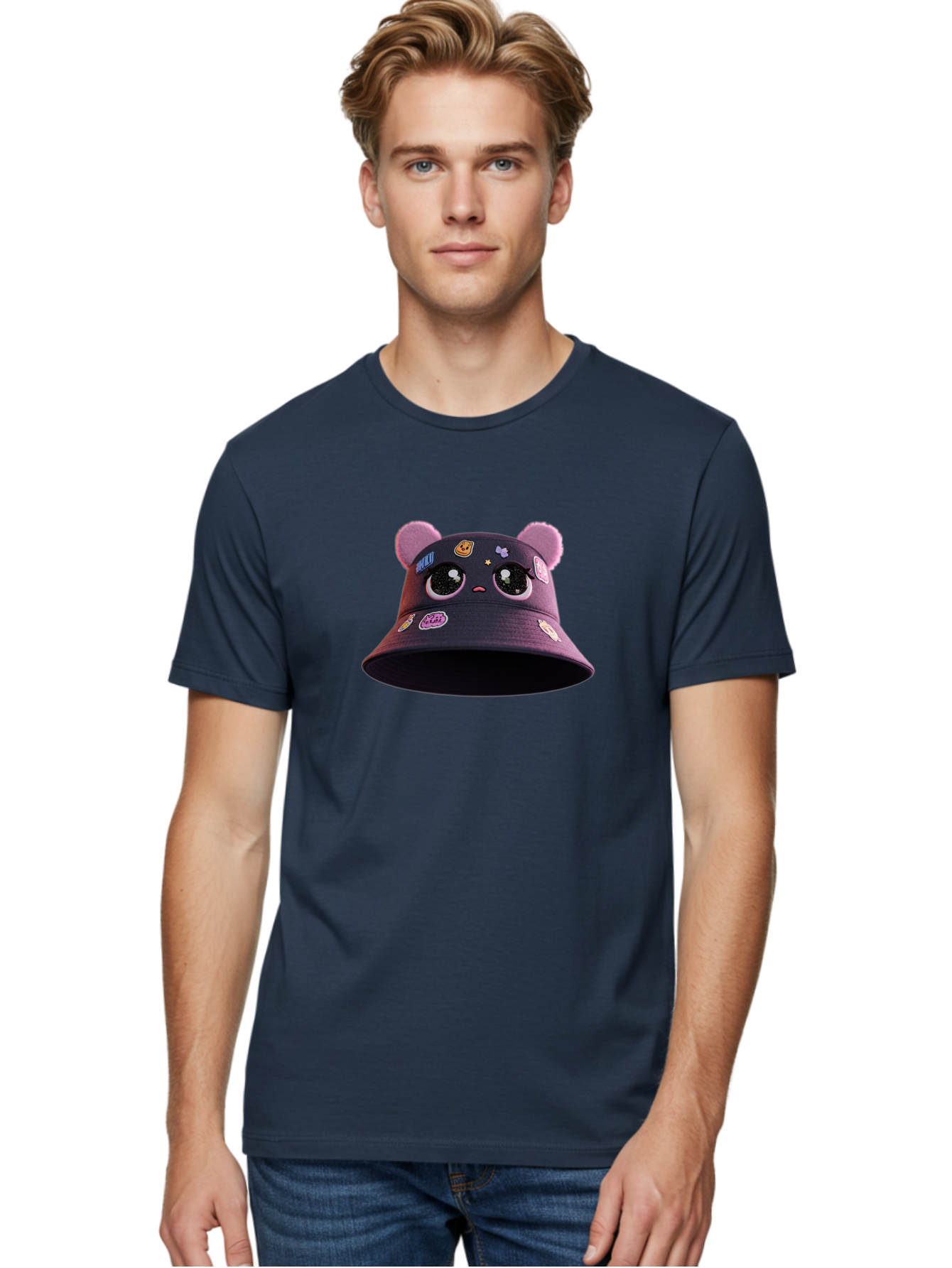 Kawaii-Bucket-Hat Men'S Graphic Tee, 100% Cotton, Comfortable Casual Summer Wear, Machine Washable, Purple Bucket Hat, Kawaii Fashion, Cute Cartoon Eyes, Colorful Stickers, Anime Style, Streetwear Accessories, Trendy Clothing Bad243