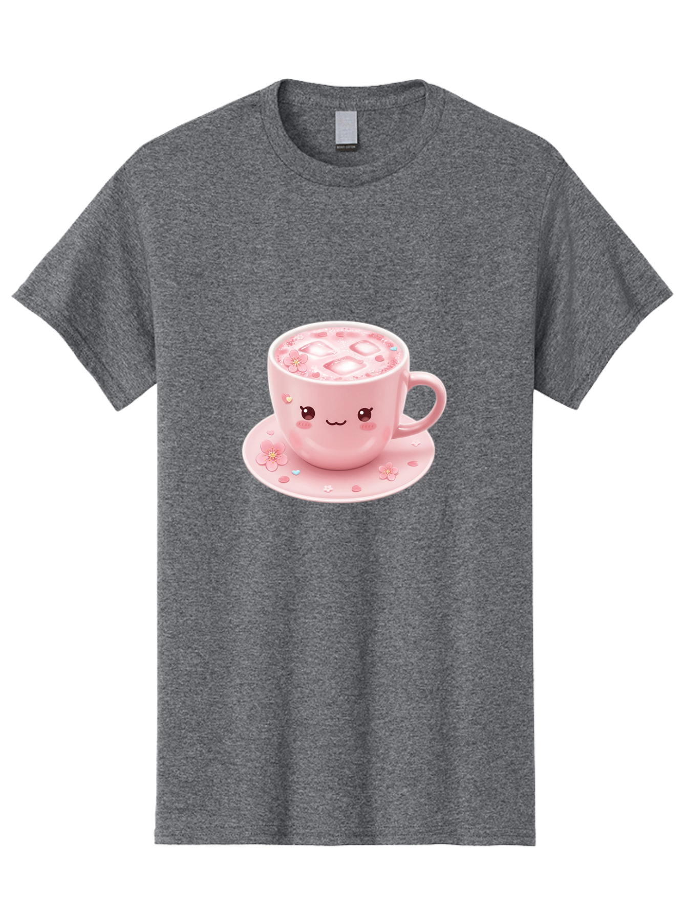 Kawaii-Coffee-Cup Men'S Graphic Tee, 100% Cotton, Comfortable Casual Summer Wear, Machine Washable, Pink Tea Cup, Cute Cartoon Face, Pink Flowers, Iced Tea, Coffee Cup, Adorable Design, Kawaii Style, Sweet Treats, Tea Time, Floral Pattern Bad245