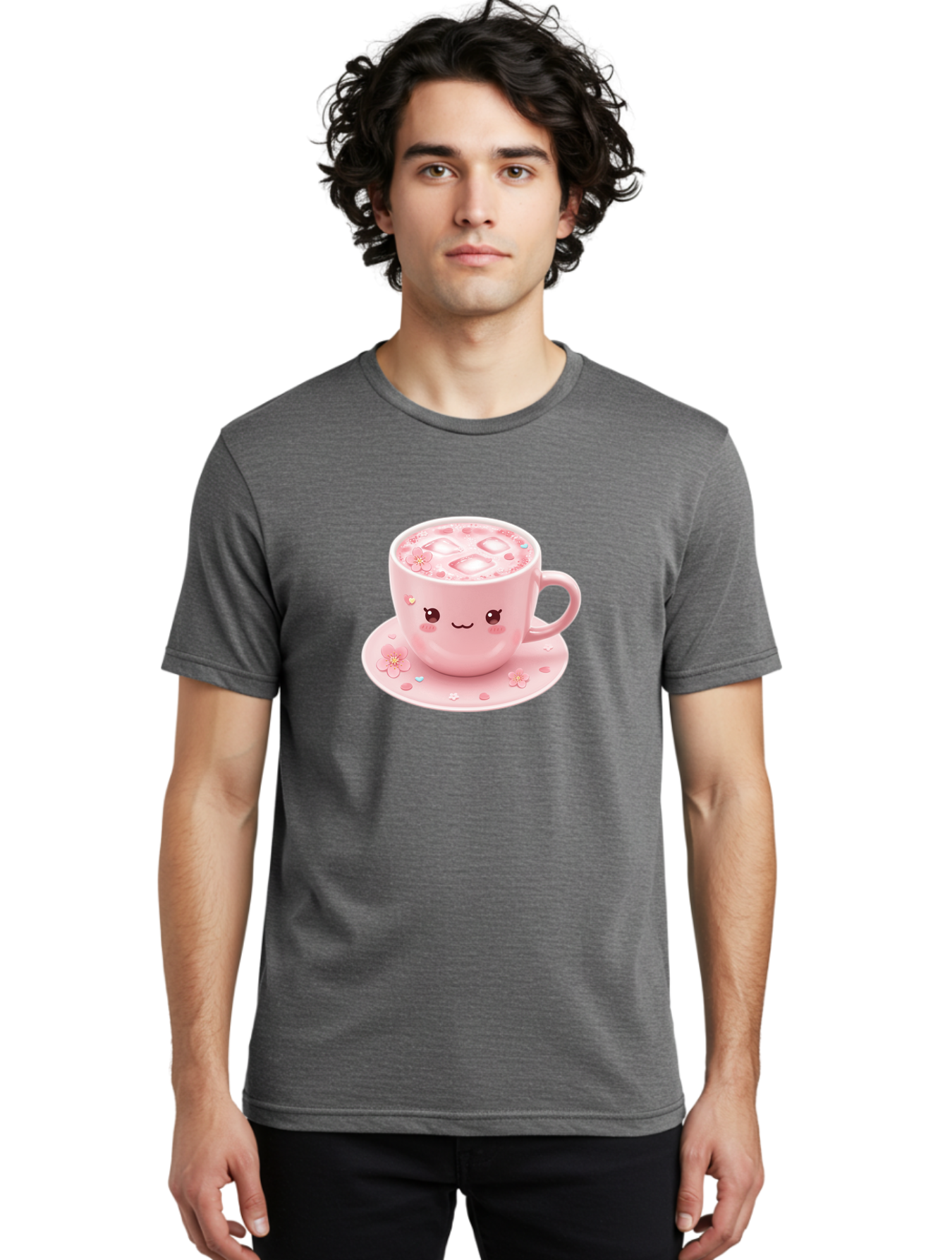 Kawaii-Coffee-Cup Men'S Graphic Tee, 100% Cotton, Comfortable Casual Summer Wear, Machine Washable, Pink Tea Cup, Cute Cartoon Face, Pink Flowers, Iced Tea, Coffee Cup, Adorable Design, Kawaii Style, Sweet Treats, Tea Time, Floral Pattern Bad245