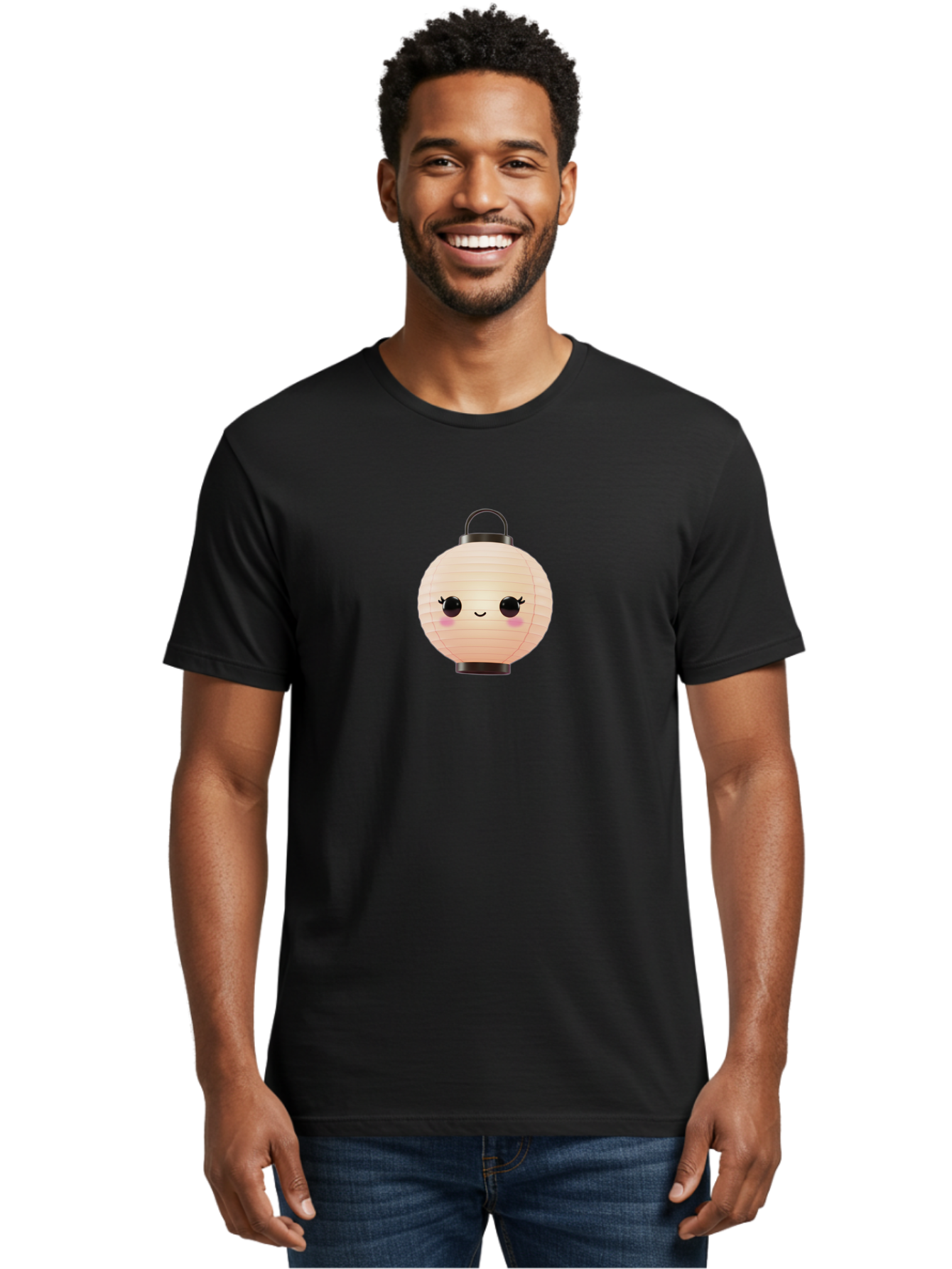 Kawaii-Lantern Men'S Graphic Tee, 100% Cotton, Comfortable Casual Summer Wear, Machine Washable, Japanese Paper Lantern, Cute Kawaii Face, Smiling Lantern, Pink Cheeks, Eyelashes, Cartoon Style, Minimalist Design, Decorative Lantern, Bad247