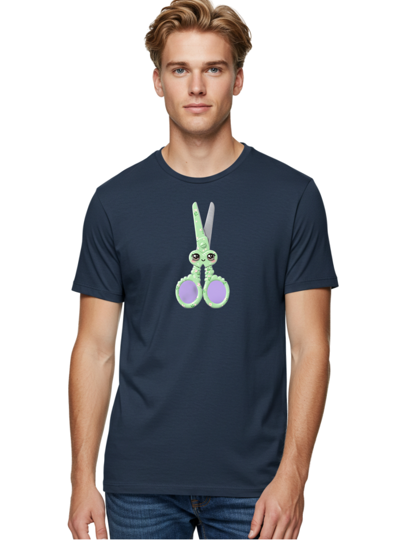 Kawaii-Scissors Men'S Graphic Tee, 100% Cotton, Comfortable Casual Summer Wear, Machine Washable, Cute Octopus Scissors, Novelty Office Supplies, Fun Stationery, Desk Accessories, Quirky Gift Ideas, Kawaii Office Decor, Scissors With A Face Bad248