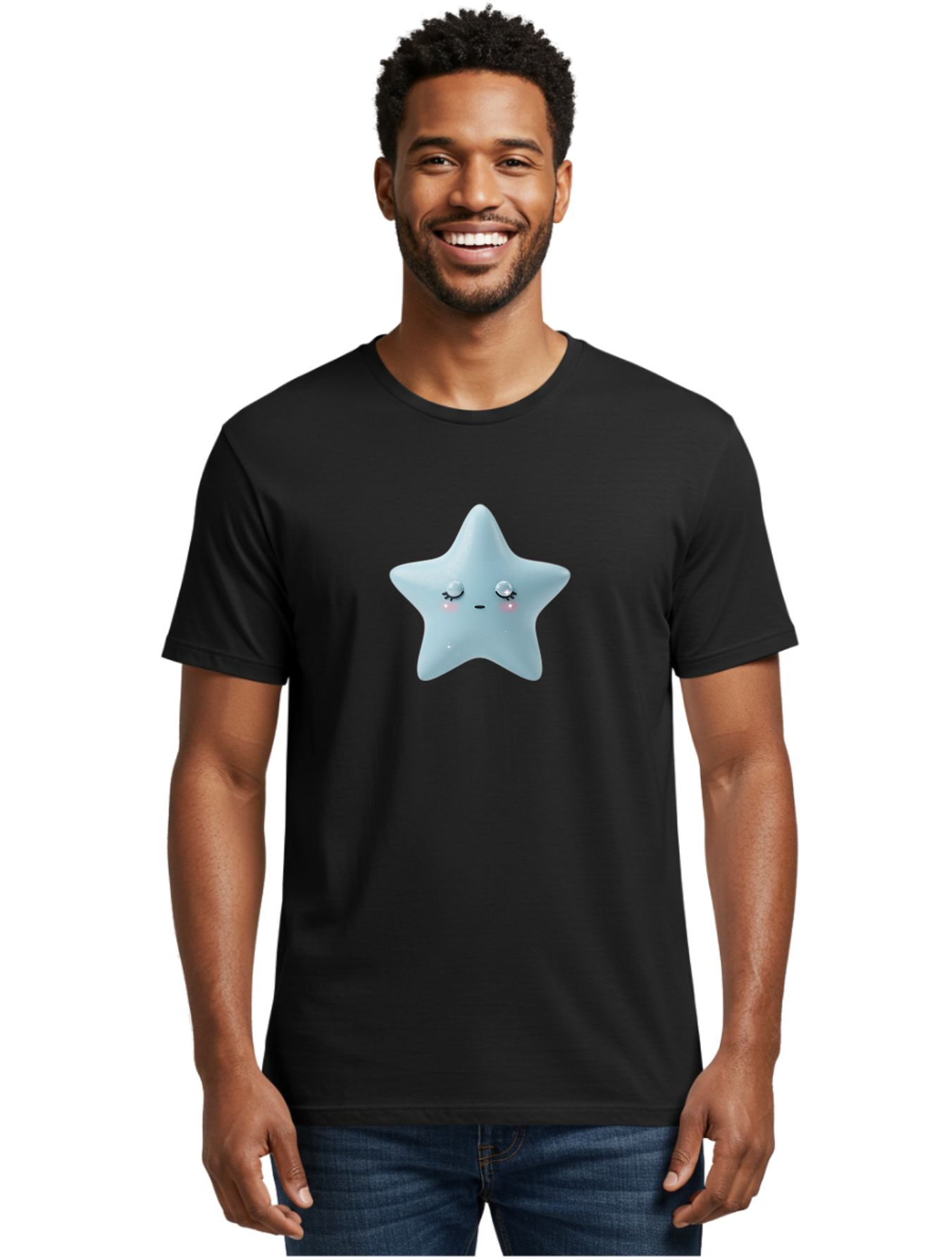 Kawaii-Star-1 Men'S Graphic Tee, 100% Cotton, Comfortable Casual Summer Wear, Machine Washable, Cute Star Character, Cartoon Star, Kawaii Star, White Star, Smiling Face, Rosy Cheeks, Adorable Illustration, Dreamy Expression, Whimsical Design Bad249