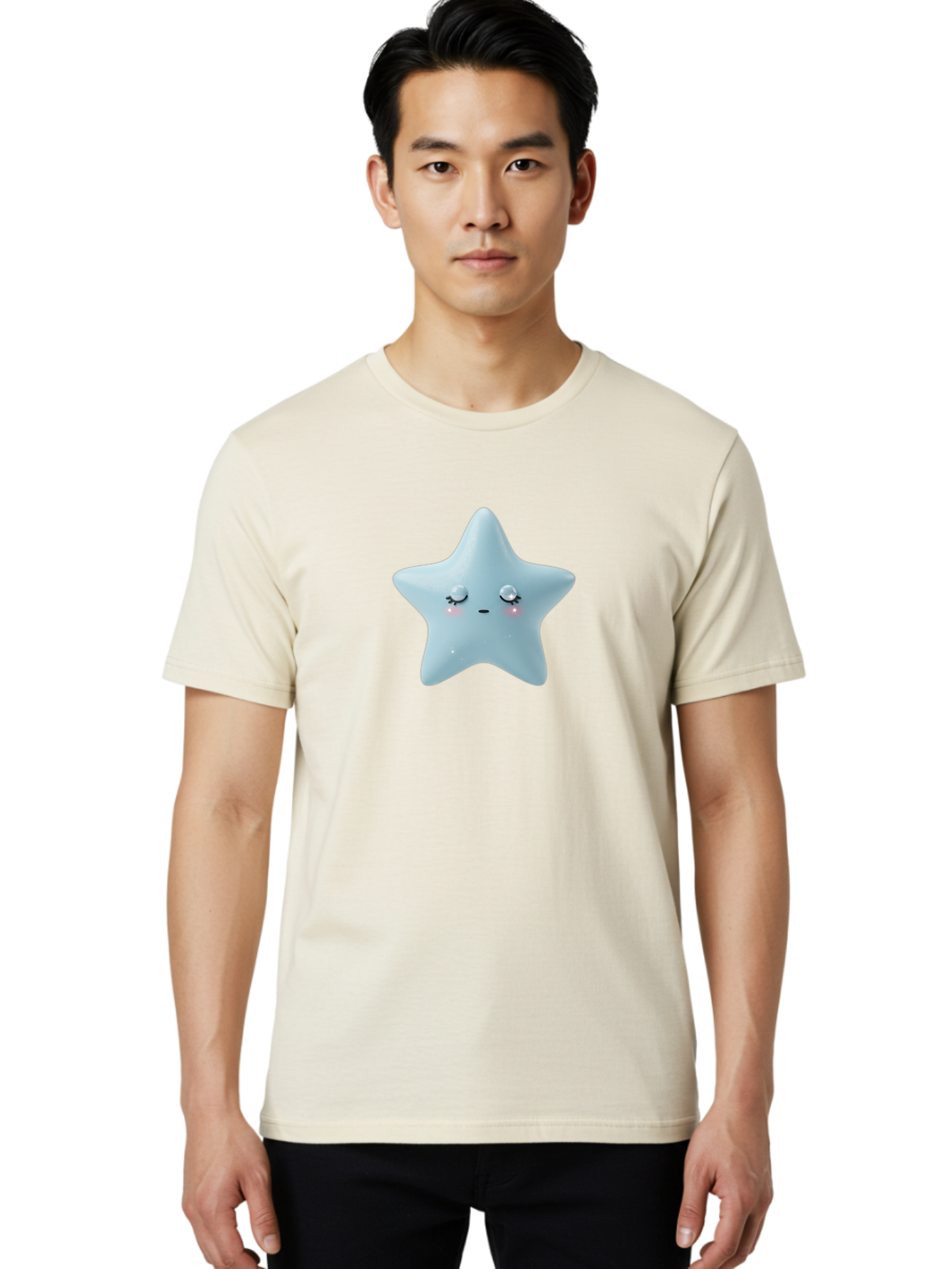 Kawaii-Star-1 Men'S Graphic Tee, 100% Cotton, Comfortable Casual Summer Wear, Machine Washable, Cute Star Character, Cartoon Star, Kawaii Star, White Star, Smiling Face, Rosy Cheeks, Adorable Illustration, Dreamy Expression, Whimsical Design Bad249