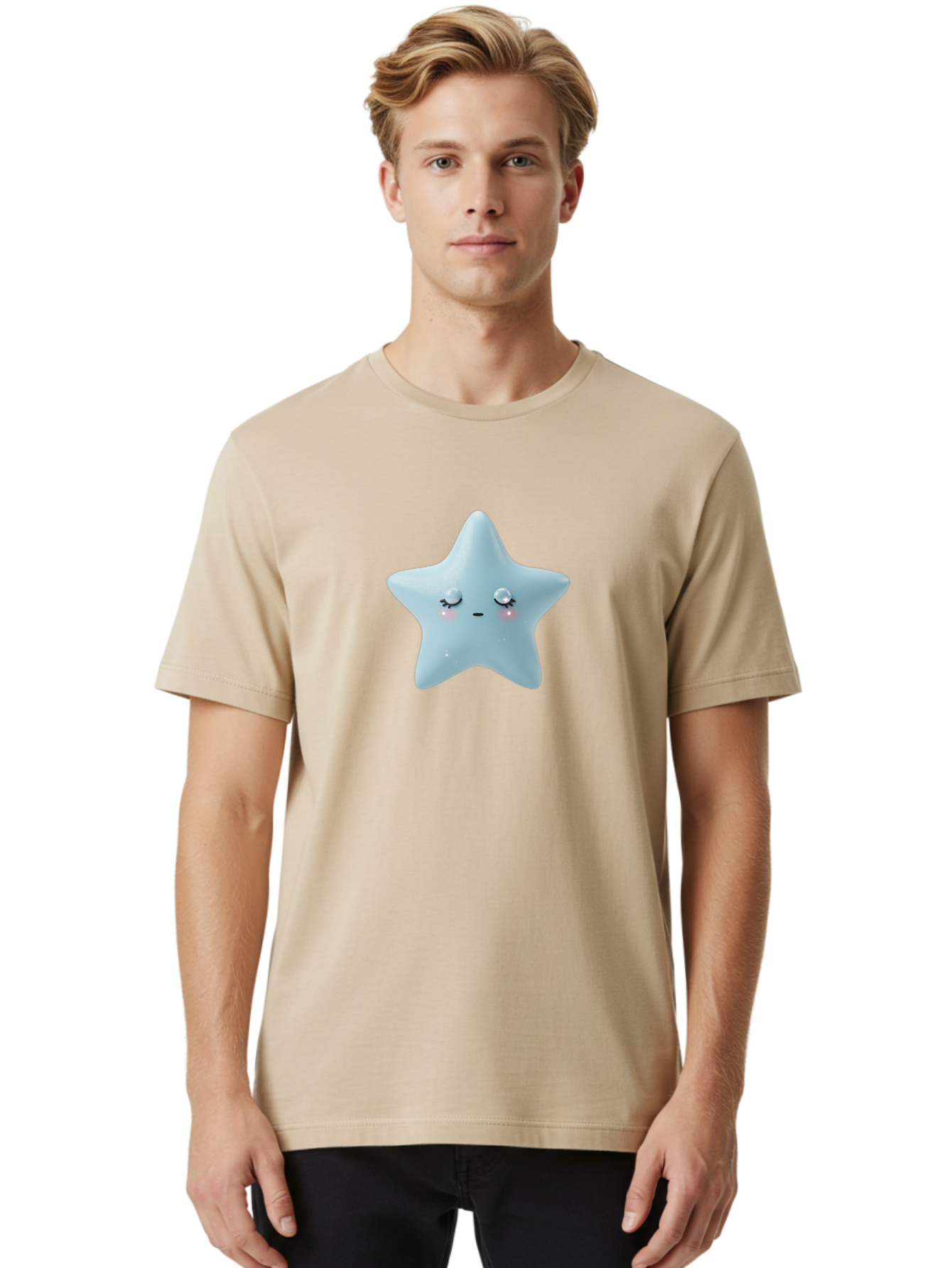 Kawaii-Star-1 Men'S Graphic Tee, 100% Cotton, Comfortable Casual Summer Wear, Machine Washable, Cute Star Character, Cartoon Star, Kawaii Star, White Star, Smiling Face, Rosy Cheeks, Adorable Illustration, Dreamy Expression, Whimsical Design Bad249