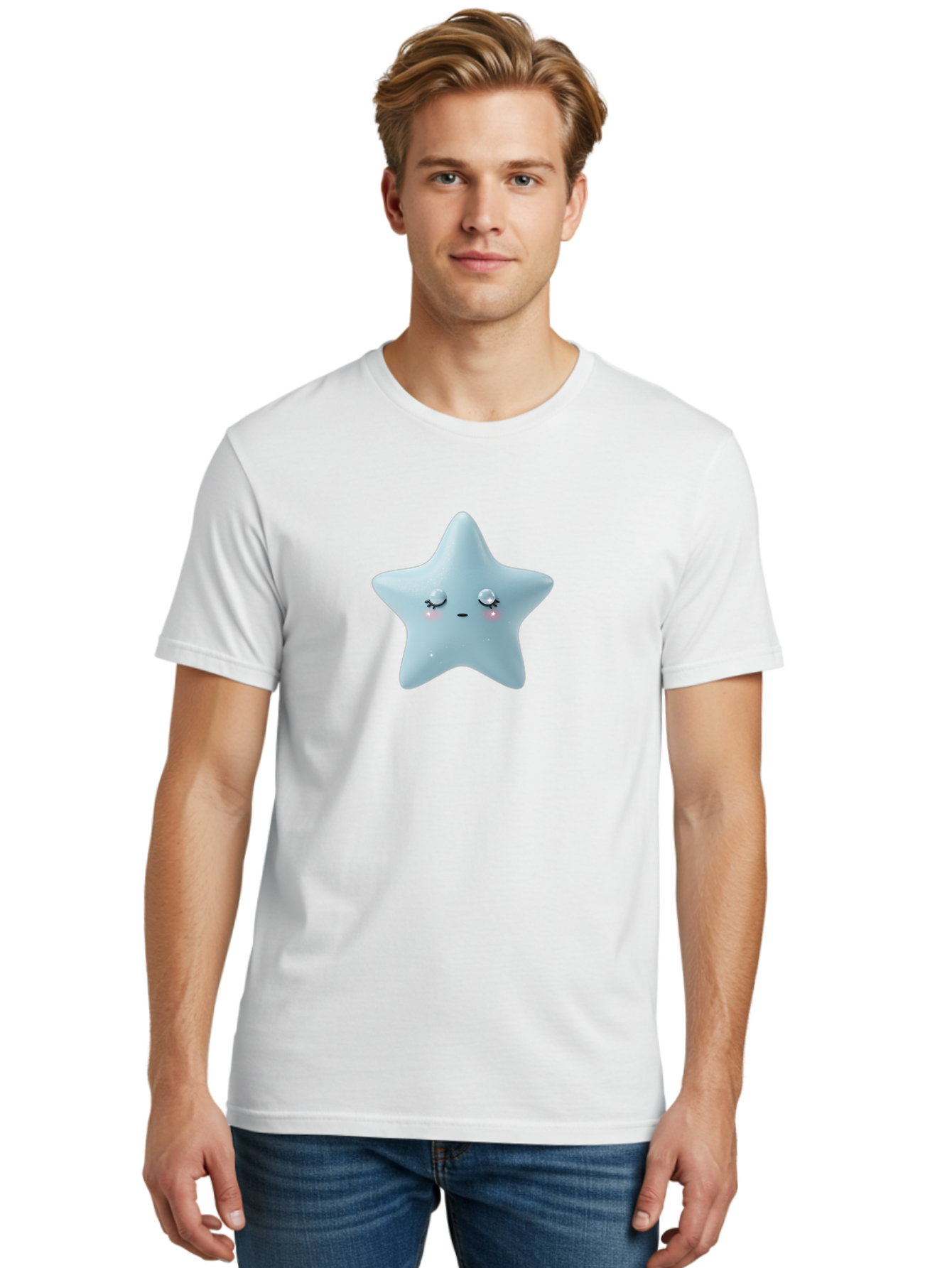 Kawaii-Star-1 Men'S Graphic Tee, 100% Cotton, Comfortable Casual Summer Wear, Machine Washable, Cute Star Character, Cartoon Star, Kawaii Star, White Star, Smiling Face, Rosy Cheeks, Adorable Illustration, Dreamy Expression, Whimsical Design Bad249