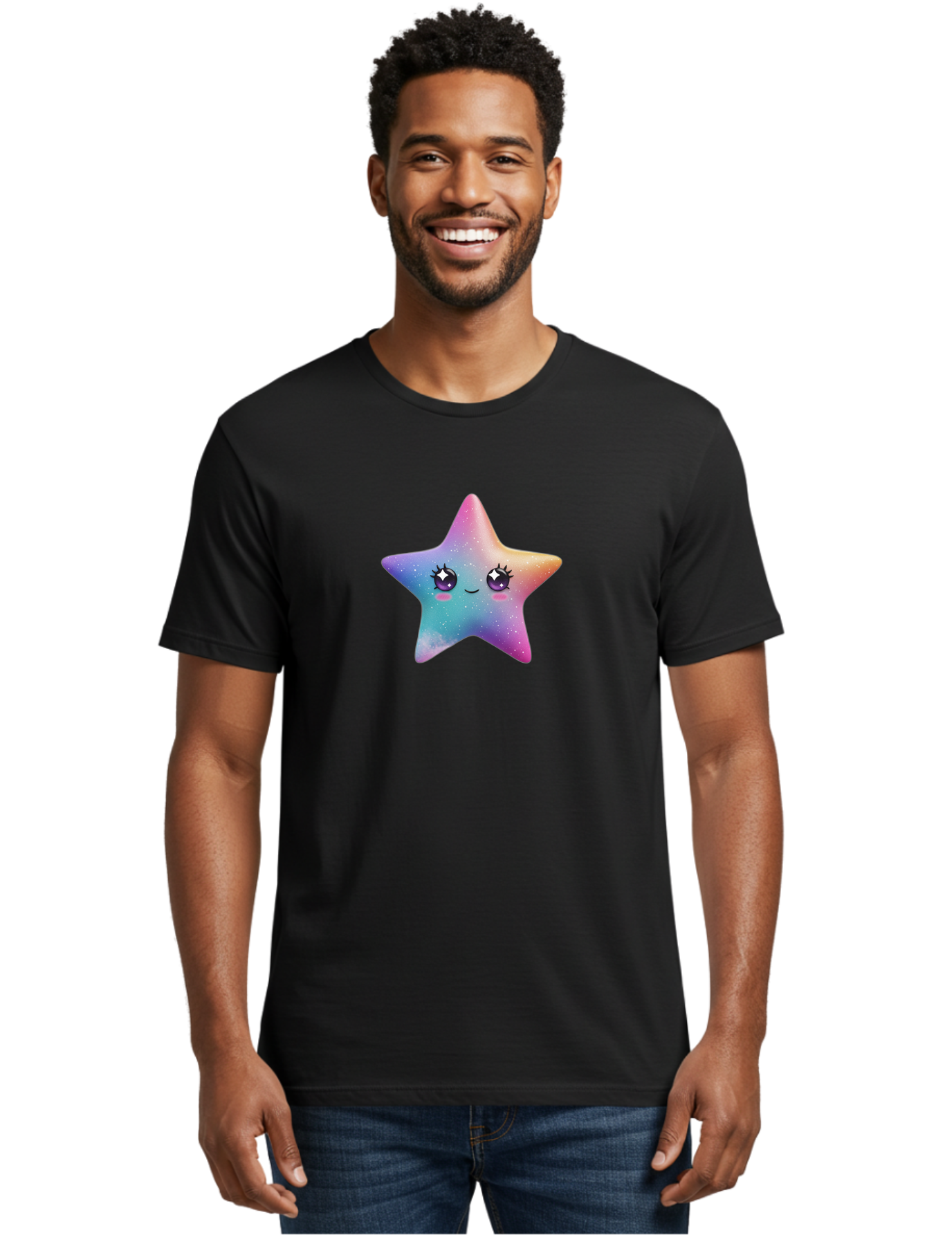 Kawaii-Star Men'S Graphic Tee, 100% Cotton, Comfortable Casual Summer Wear, Machine Washable, Cute Star, Cartoon Character, Pastel Colors, Sparkles And Shine, Positive Vibes, Magical Expression, Feminine Charm, Whimsical Design, Magical, Bad250