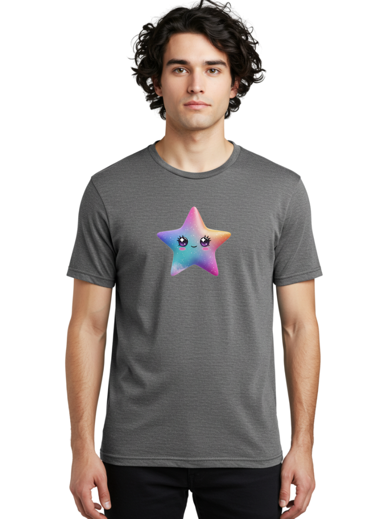 Kawaii-Star Men'S Graphic Tee, 100% Cotton, Comfortable Casual Summer Wear, Machine Washable, Cute Star, Cartoon Character, Pastel Colors, Sparkles And Shine, Positive Vibes, Magical Expression, Feminine Charm, Whimsical Design, Magical, Bad250