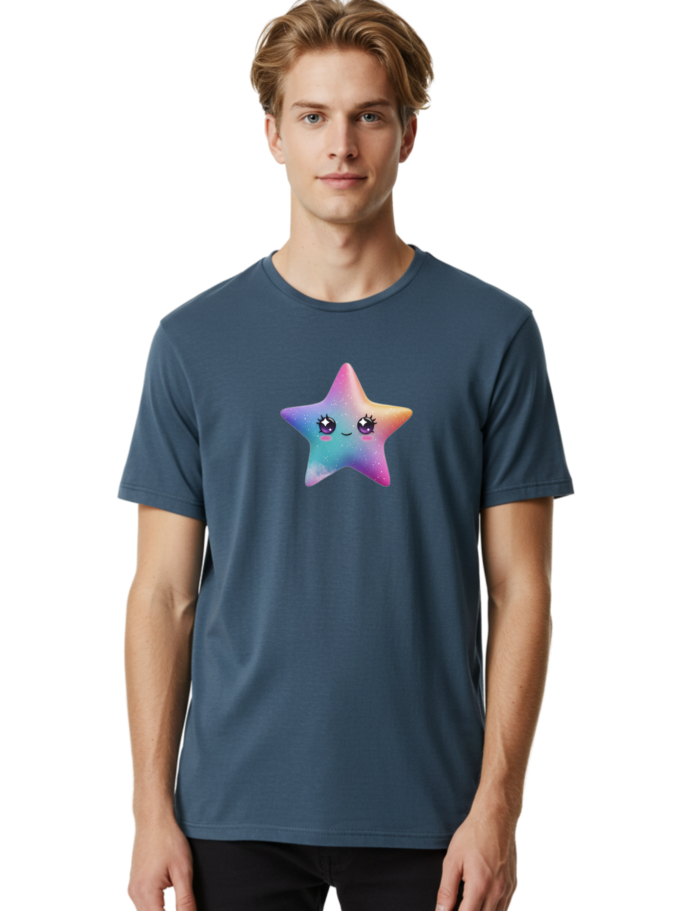 Kawaii-Star Men'S Graphic Tee, 100% Cotton, Comfortable Casual Summer Wear, Machine Washable, Cute Star, Cartoon Character, Pastel Colors, Sparkles And Shine, Positive Vibes, Magical Expression, Feminine Charm, Whimsical Design, Magical, Bad250