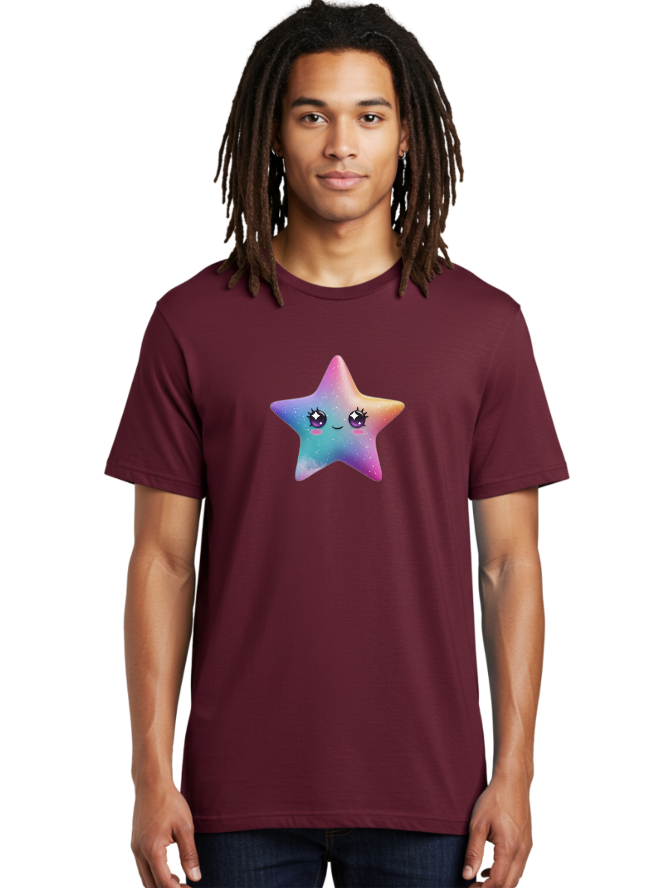 Kawaii-Star Men'S Graphic Tee, 100% Cotton, Comfortable Casual Summer Wear, Machine Washable, Cute Star, Cartoon Character, Pastel Colors, Sparkles And Shine, Positive Vibes, Magical Expression, Feminine Charm, Whimsical Design, Magical, Bad250