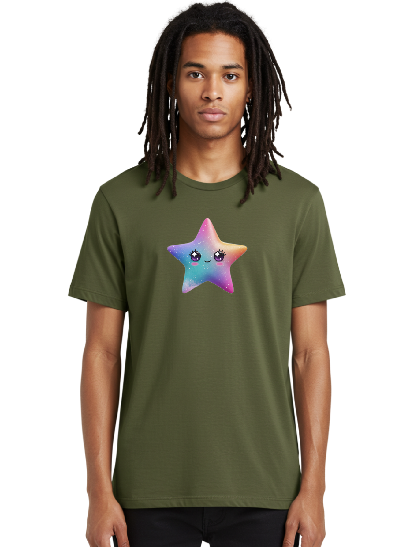 Kawaii-Star Men'S Graphic Tee, 100% Cotton, Comfortable Casual Summer Wear, Machine Washable, Cute Star, Cartoon Character, Pastel Colors, Sparkles And Shine, Positive Vibes, Magical Expression, Feminine Charm, Whimsical Design, Magical, Bad250