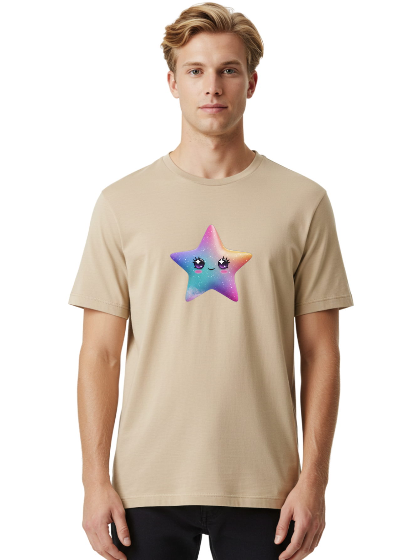 Kawaii-Star Men'S Graphic Tee, 100% Cotton, Comfortable Casual Summer Wear, Machine Washable, Cute Star, Cartoon Character, Pastel Colors, Sparkles And Shine, Positive Vibes, Magical Expression, Feminine Charm, Whimsical Design, Magical, Bad250