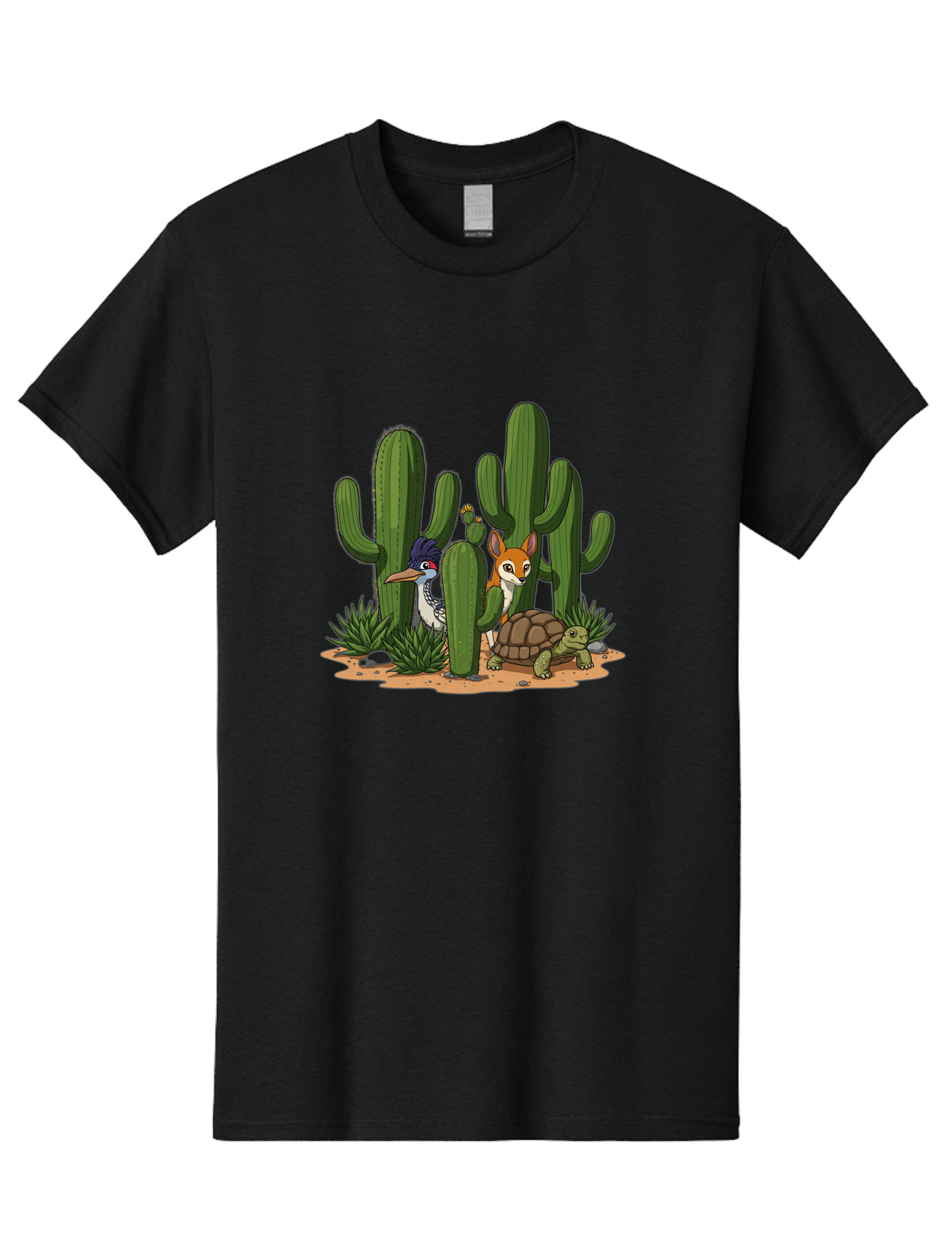 Kingfisher-Fennec-Fox-And-Turtle Men'S Graphic Tee, 100% Cotton, Comfortable Casual Summer Wear, Machine Washable, Cartoon Animals, Desert Wildlife, Cacti, Kingfisher Bird, Fennec Fox, Turtle, Desert Landscape, Wildlife Illustration, Bad252