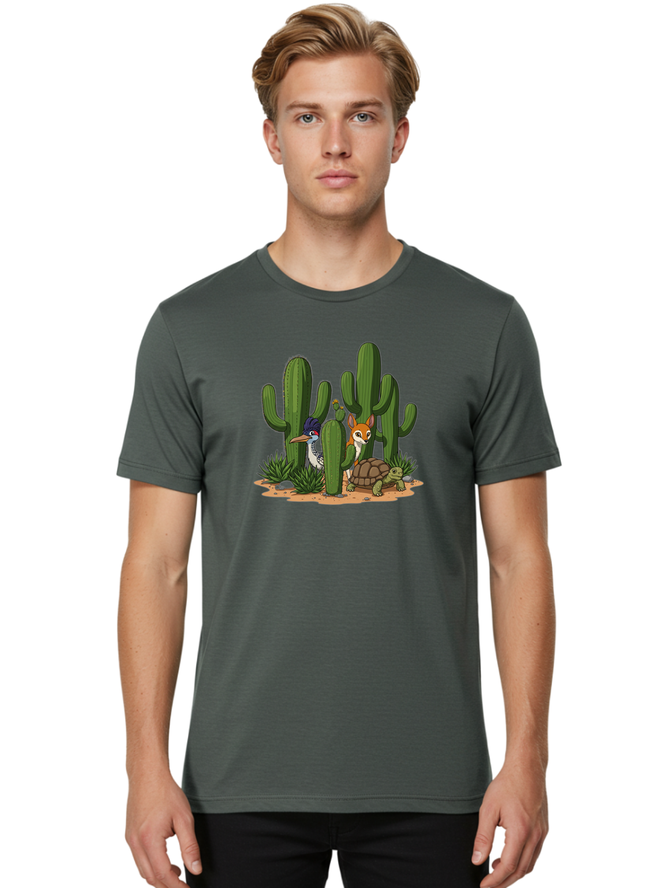 Kingfisher-Fennec-Fox-And-Turtle Men'S Graphic Tee, 100% Cotton, Comfortable Casual Summer Wear, Machine Washable, Cartoon Animals, Desert Wildlife, Cacti, Kingfisher Bird, Fennec Fox, Turtle, Desert Landscape, Wildlife Illustration, Bad252