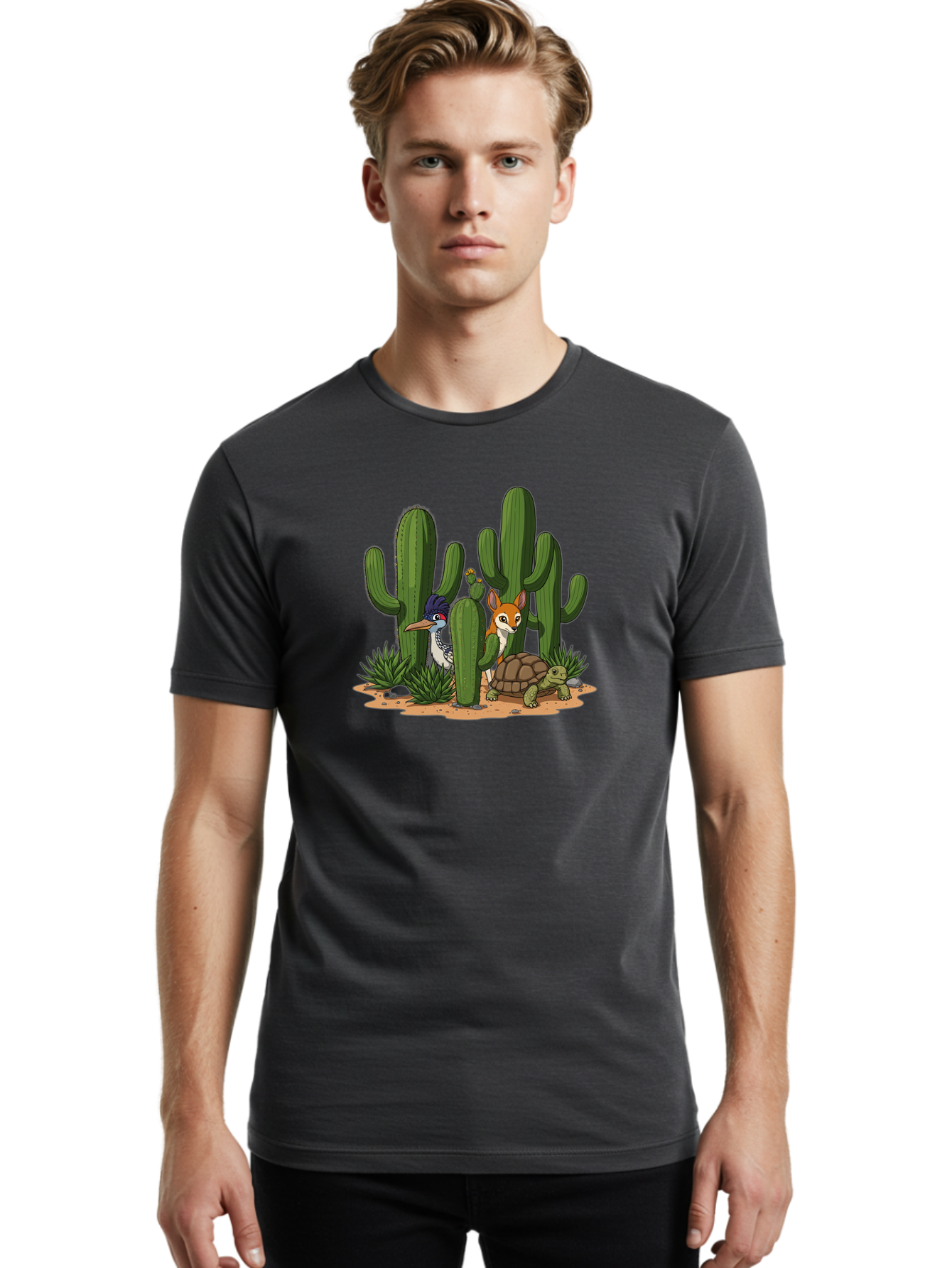 Kingfisher-Fennec-Fox-And-Turtle Men'S Graphic Tee, 100% Cotton, Comfortable Casual Summer Wear, Machine Washable, Cartoon Animals, Desert Wildlife, Cacti, Kingfisher Bird, Fennec Fox, Turtle, Desert Landscape, Wildlife Illustration, Bad252