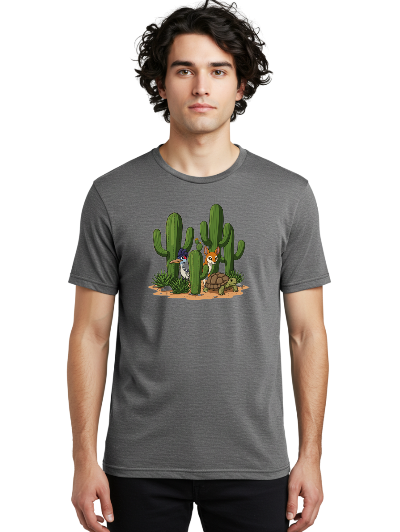 Kingfisher-Fennec-Fox-And-Turtle Men'S Graphic Tee, 100% Cotton, Comfortable Casual Summer Wear, Machine Washable, Cartoon Animals, Desert Wildlife, Cacti, Kingfisher Bird, Fennec Fox, Turtle, Desert Landscape, Wildlife Illustration, Bad252