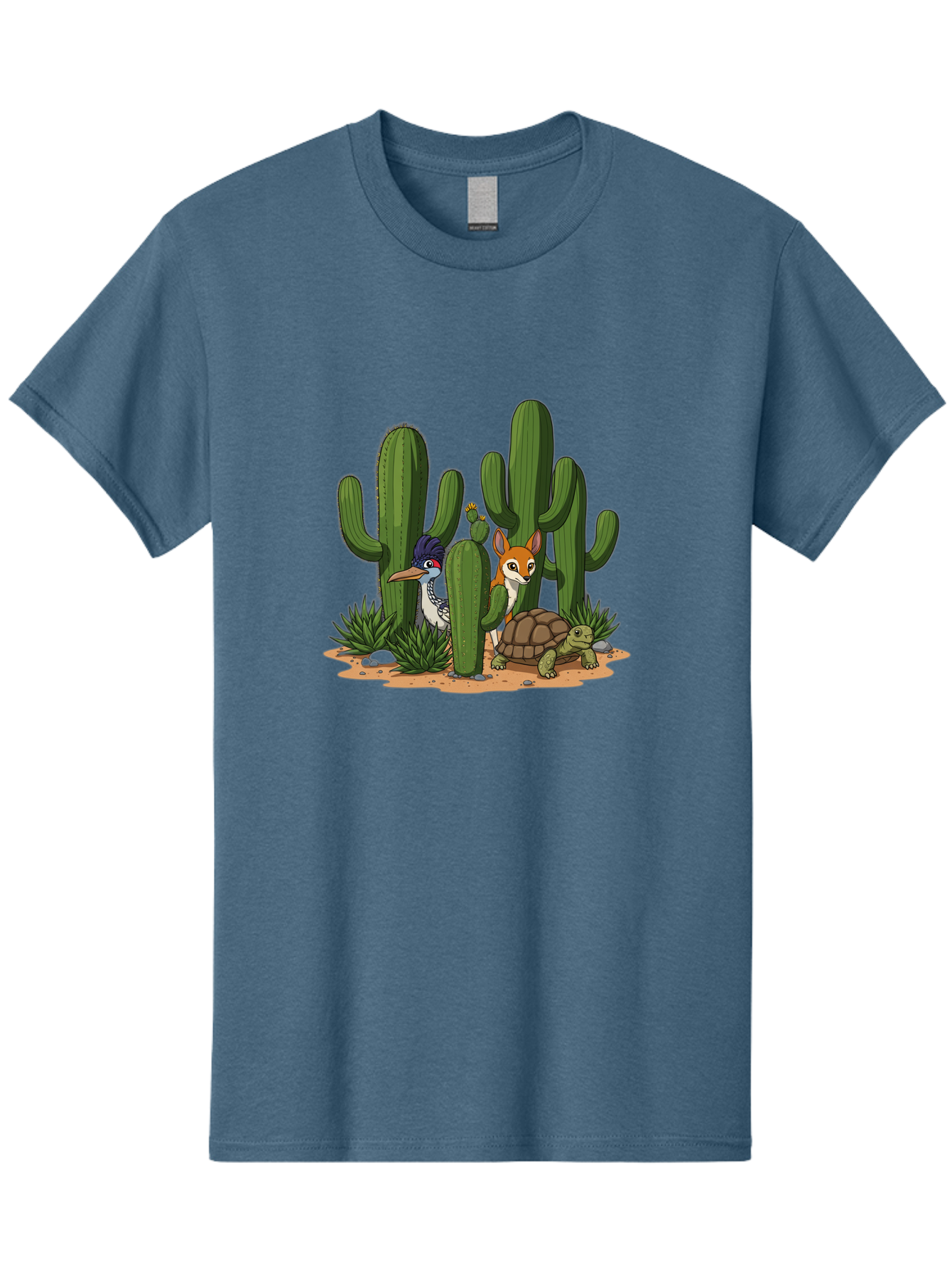 Kingfisher-Fennec-Fox-And-Turtle Men'S Graphic Tee, 100% Cotton, Comfortable Casual Summer Wear, Machine Washable, Cartoon Animals, Desert Wildlife, Cacti, Kingfisher Bird, Fennec Fox, Turtle, Desert Landscape, Wildlife Illustration, Bad252