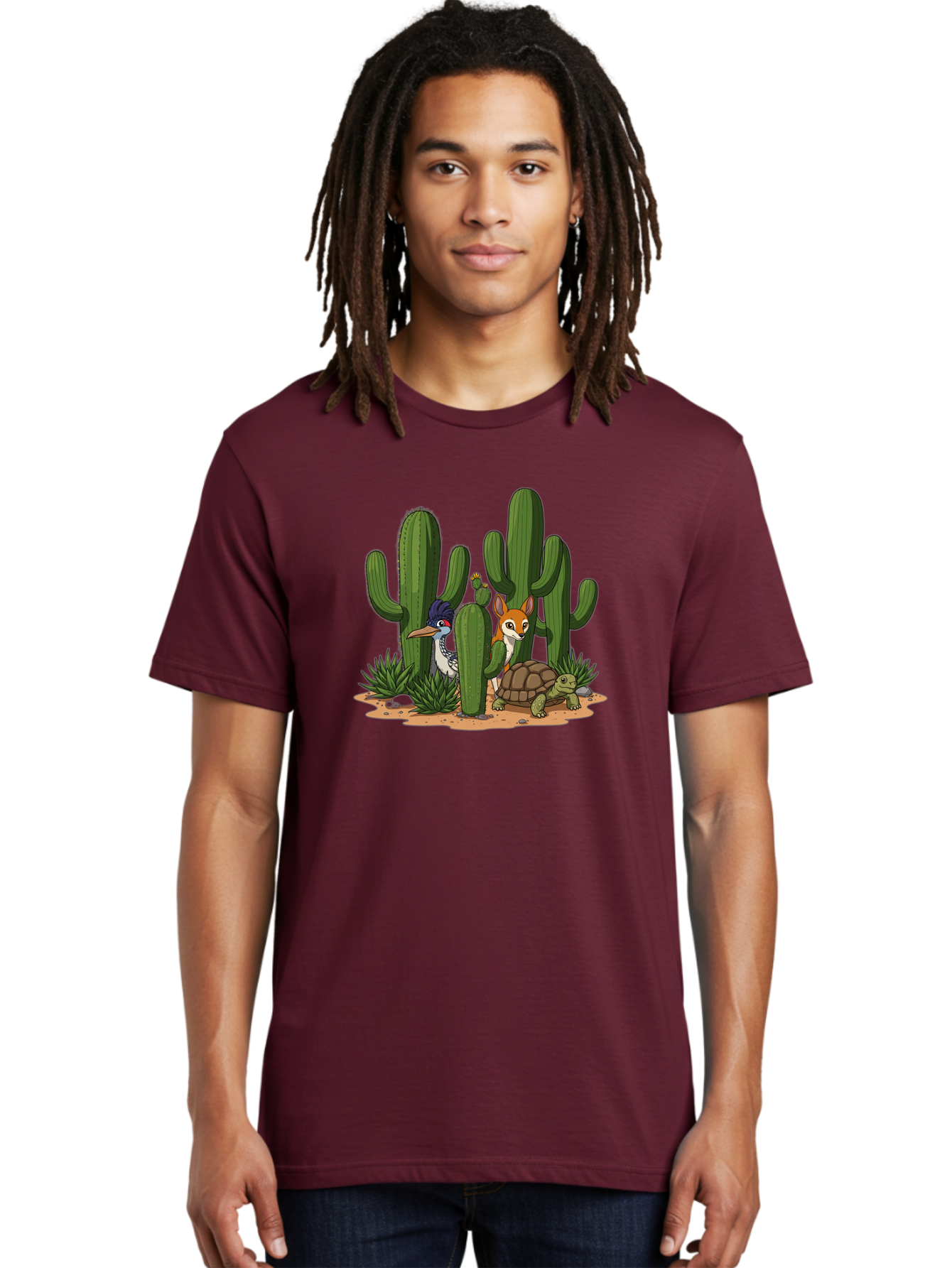Kingfisher-Fennec-Fox-And-Turtle Men'S Graphic Tee, 100% Cotton, Comfortable Casual Summer Wear, Machine Washable, Cartoon Animals, Desert Wildlife, Cacti, Kingfisher Bird, Fennec Fox, Turtle, Desert Landscape, Wildlife Illustration, Bad252