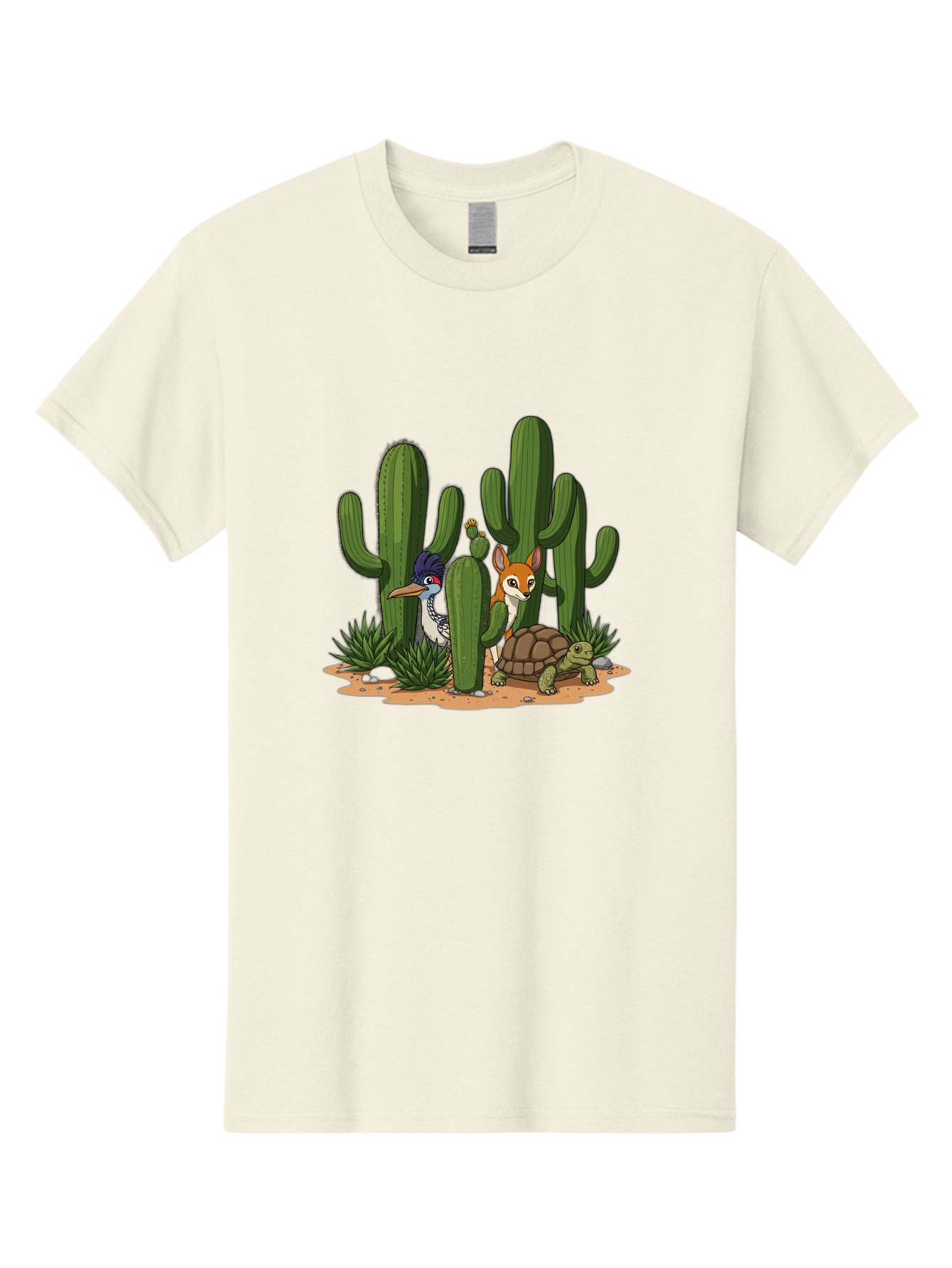 Kingfisher-Fennec-Fox-And-Turtle Men'S Graphic Tee, 100% Cotton, Comfortable Casual Summer Wear, Machine Washable, Cartoon Animals, Desert Wildlife, Cacti, Kingfisher Bird, Fennec Fox, Turtle, Desert Landscape, Wildlife Illustration, Bad252