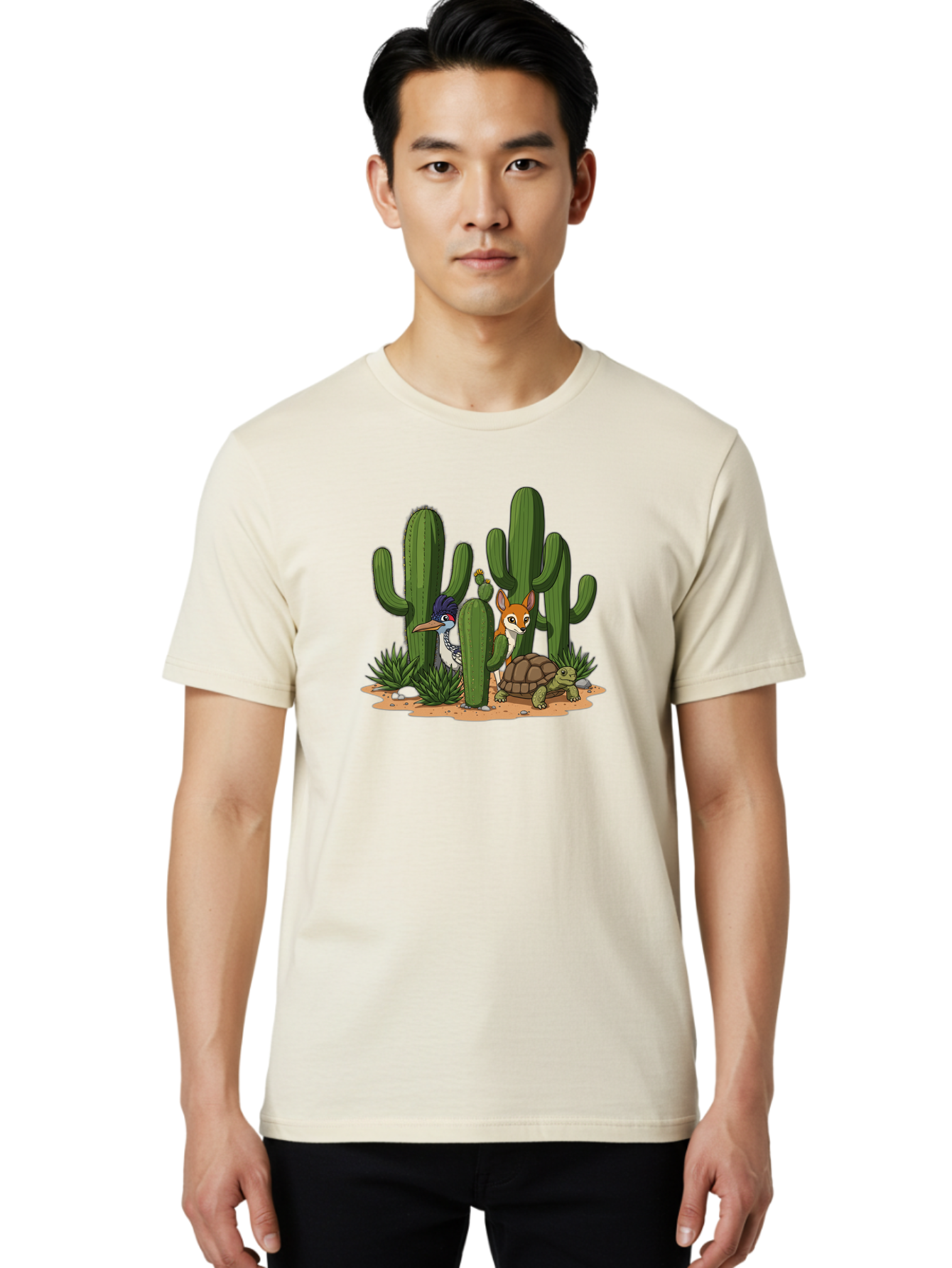 Kingfisher-Fennec-Fox-And-Turtle Men'S Graphic Tee, 100% Cotton, Comfortable Casual Summer Wear, Machine Washable, Cartoon Animals, Desert Wildlife, Cacti, Kingfisher Bird, Fennec Fox, Turtle, Desert Landscape, Wildlife Illustration, Bad252