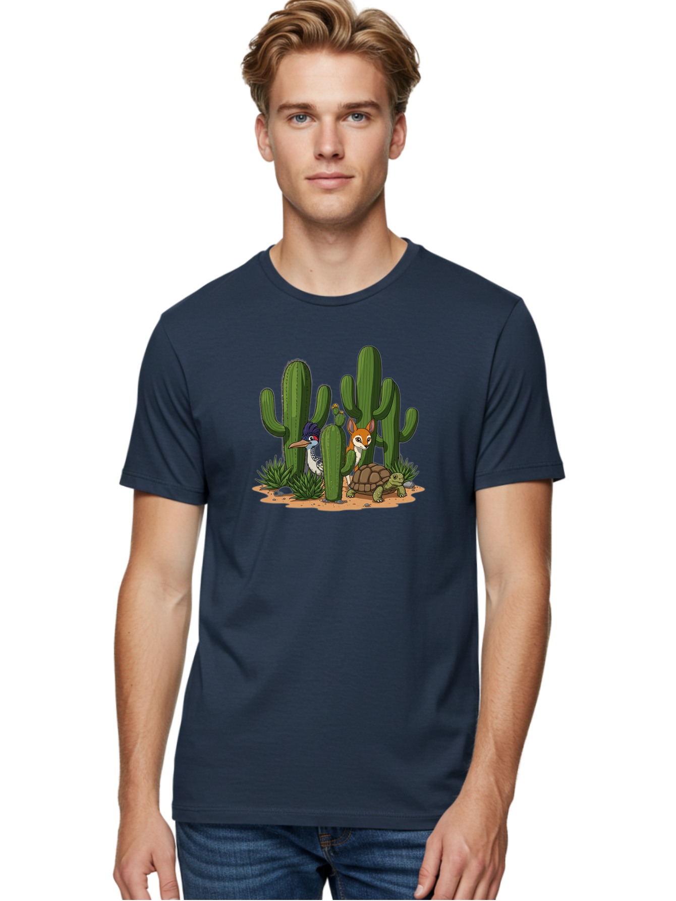 Kingfisher-Fennec-Fox-And-Turtle Men'S Graphic Tee, 100% Cotton, Comfortable Casual Summer Wear, Machine Washable, Cartoon Animals, Desert Wildlife, Cacti, Kingfisher Bird, Fennec Fox, Turtle, Desert Landscape, Wildlife Illustration, Bad252